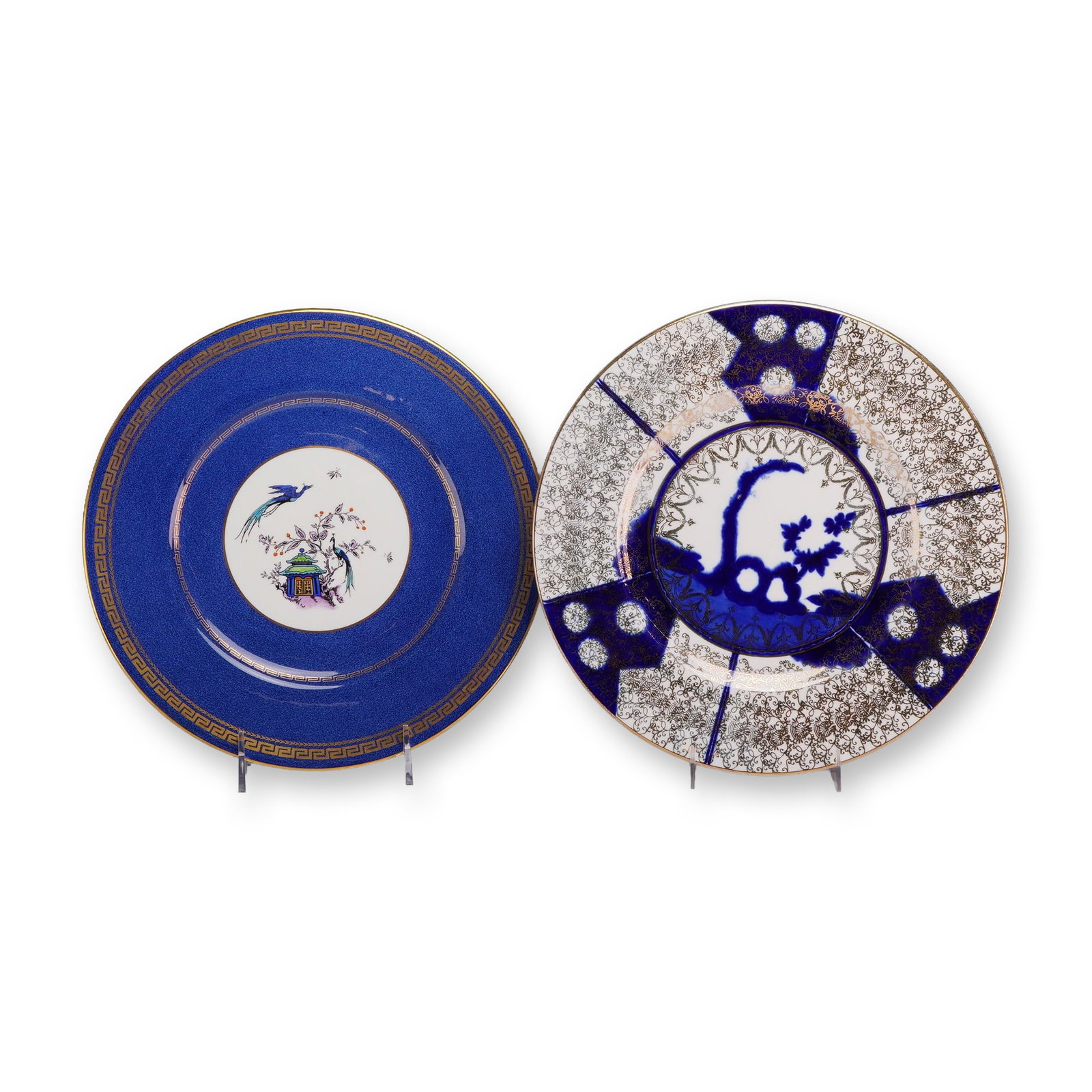 Two Wedgwood Porcelain Cabinet Plates with Chinoiserie Decoration: A group of Wedgwood fine bone china cabinet plates, both featuring intricate Chinoiserie and gilded patterns. The first plate is finished with a deep cobalt blue glaze, accented by two concentric band