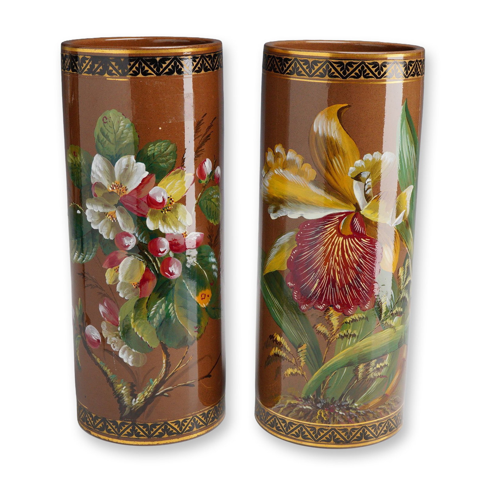 Pair of Wedgwood Hand-Painted Earthenware Cylindrical Botanical Vases, ca. 1870 (1 of 3)