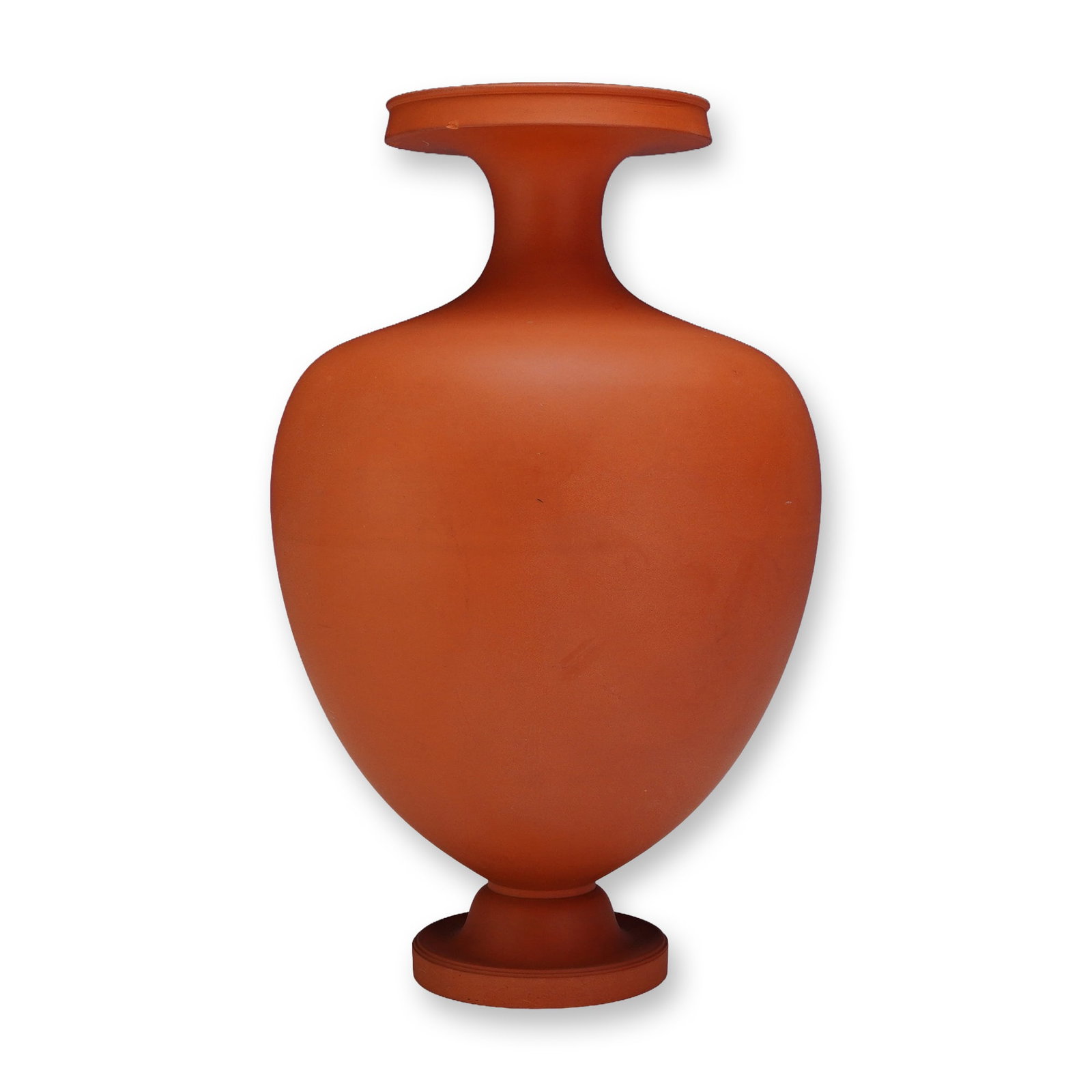 Wedgwood Rosso Antico Terracotta Vase: A Wedgwood Rosso Antico stoneware vase of classical ovoid form. The vessel features a slender neck leading to a flared rim with a flat top, and a tapering body set upon a circular pedestal foot. The p