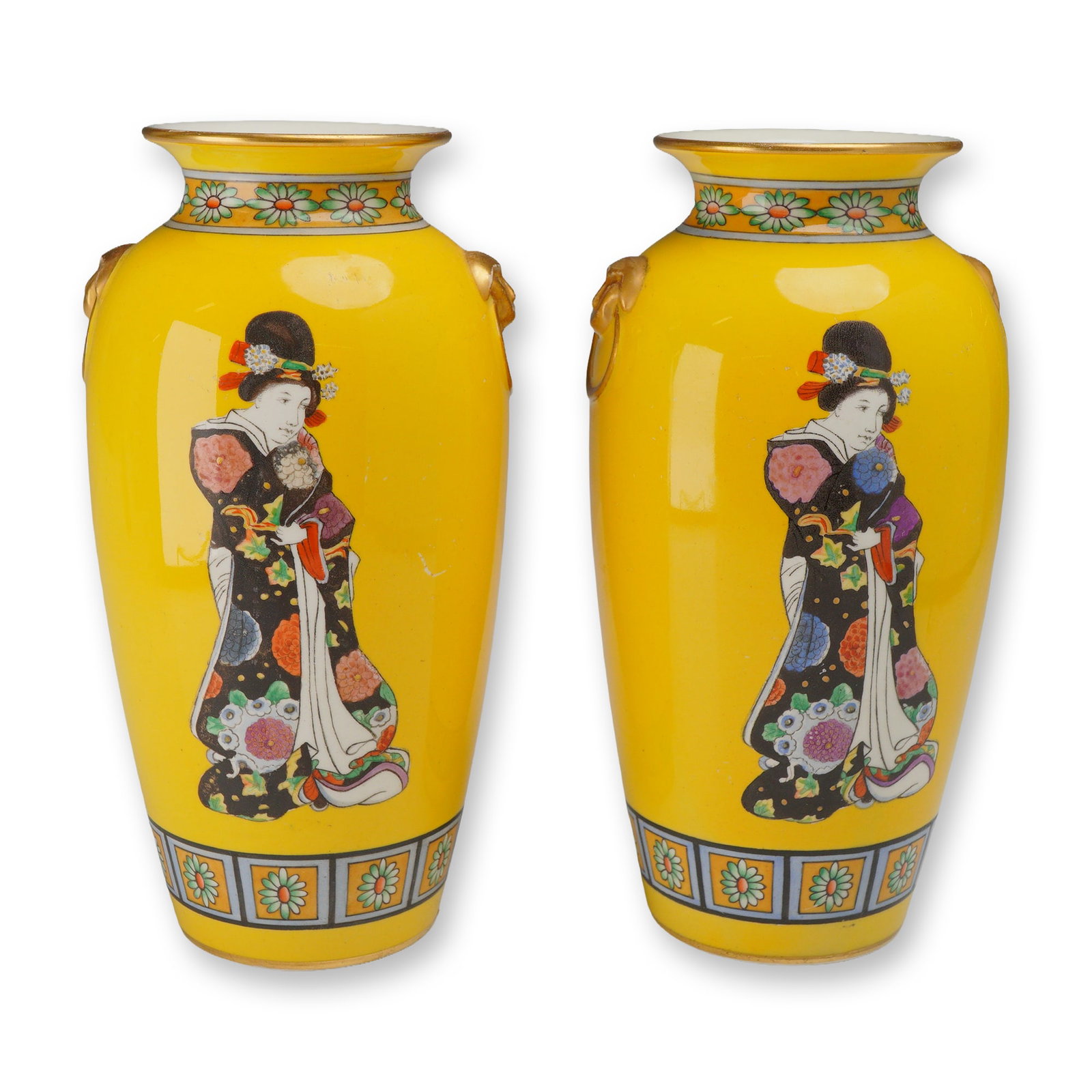 Pair of Wedgwood Japanese Yellow Ground Porcelain Vases: A pair of ovoid porcelain vases featuring a vibrant yellow ground, sourced from the Rubin Collection. Each vase is decorated with hand-painted enamel figures in the Japanese style. The obverse of each