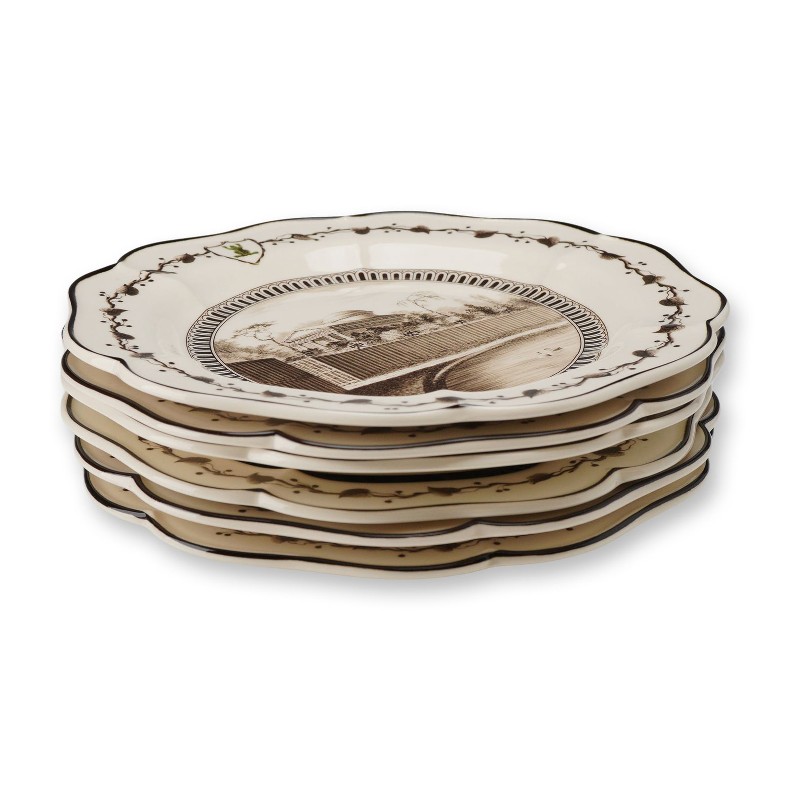 6pc Wedgwood Queen's Ware Collection Plates: A set of six Wedgwood Queen's Ware fine creamware plates from the Genius Collection and Bicentenary Celebration series. These plates are reproductions of the historic Frog Service commissioned by Cath
