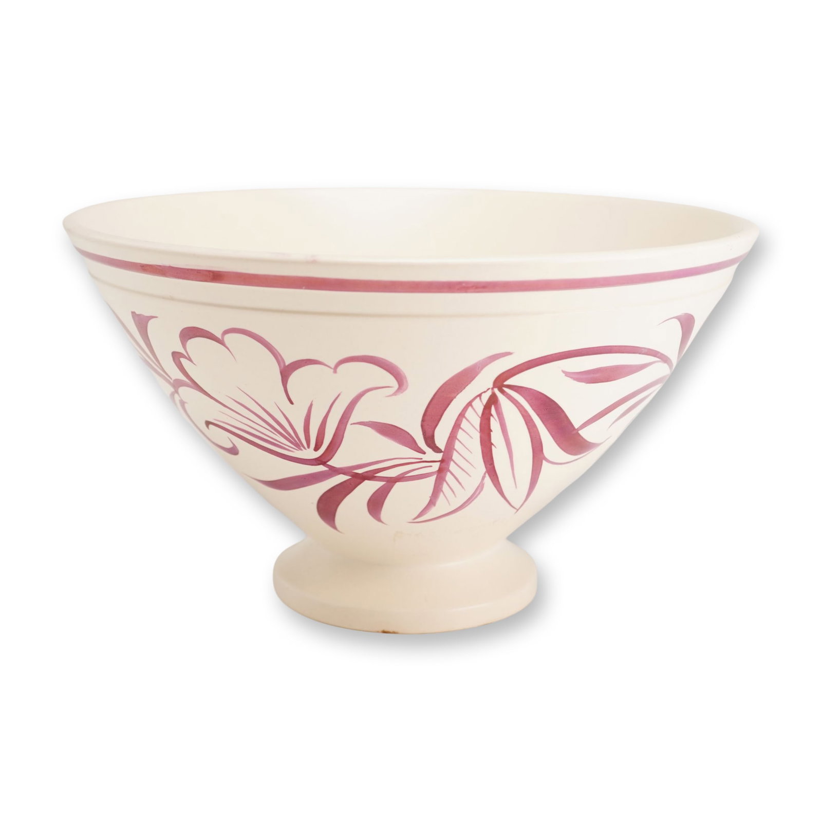 Wedgwood Purple Luster Footed Bowl: This footed ceramic centerpiece bowl produced by Wedgwood features stylized floral and foliate decorations in a purple-magenta luster glaze over a cream-colored ground. The bowl is designed with a wid