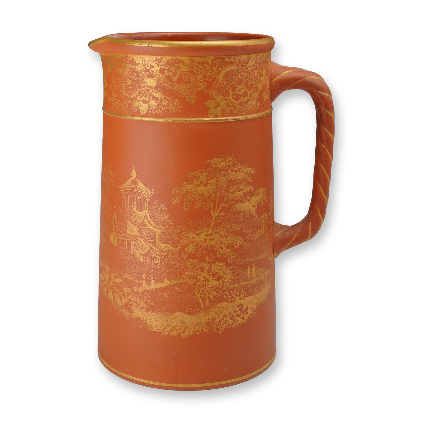 Wedgwood Rosso Antico Gilded Chinoiserie Pitcher for Richard Briggs Co. Boston: An English unglazed red stoneware pitcher manufactured by Wedgwood, dating to the late nineteenth or early twentieth century. The vessel is designed in a tapered cylindrical form with a beak-style spo