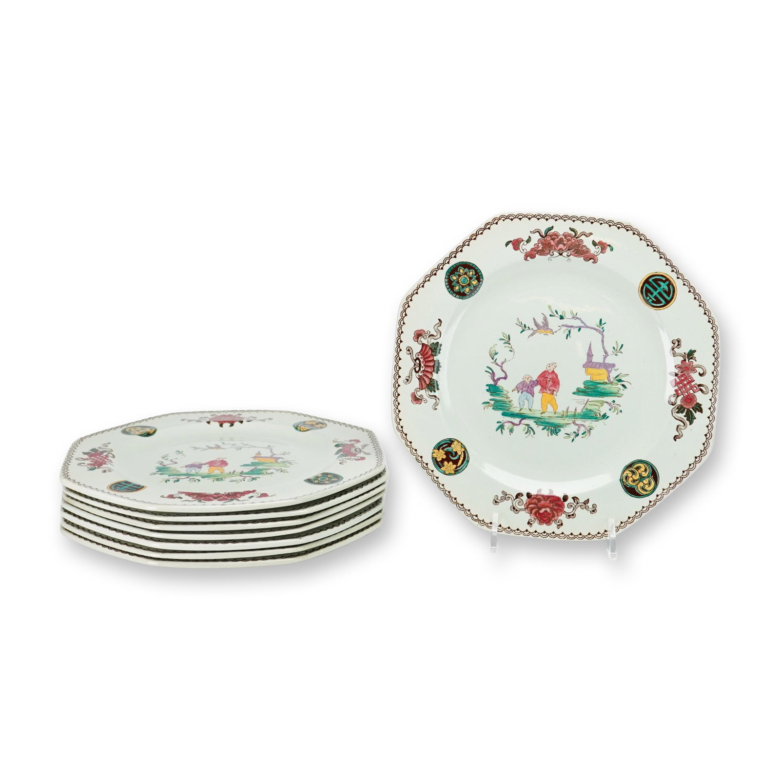 Set of Eight Wedgwood Pearlstone Octagonal Chinoiserie Plates (1 of 2)