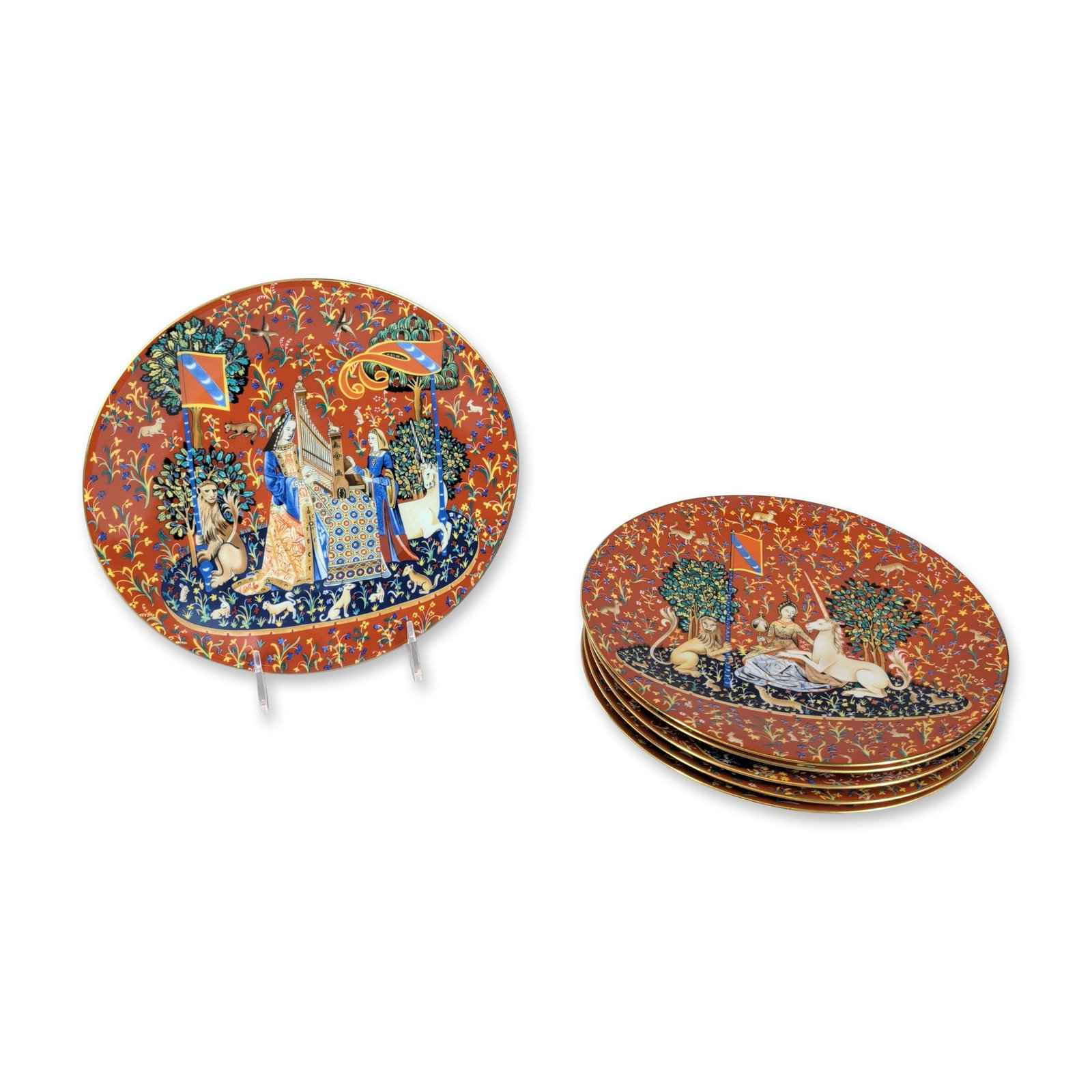 Set of Six Robert Haviland and C. Parlon Limoges La Dame a la Licorne Plates: Robert Haviland and C. Parlon, Limoges, France. Set of six collector plates in fine porcelain, featuring the La Dame a la Licorne (The Lady and the Unicorn) series based on the 15th-century tapestry c