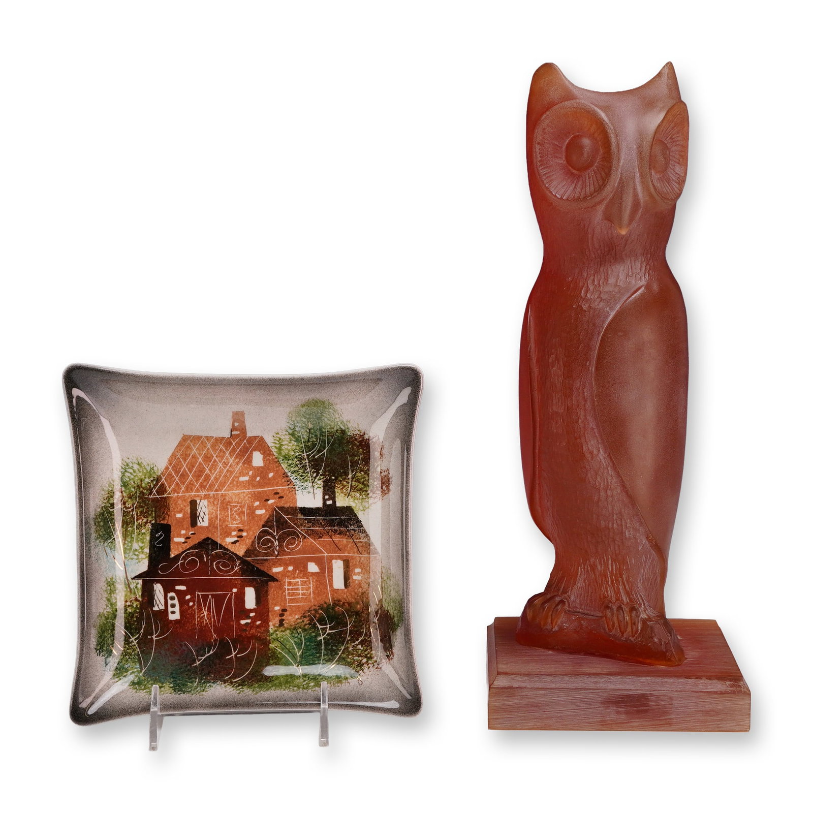 2pc Sascha Brastoff Amber Colored Resin Owl and Ceramic Dish (1 of 6)
