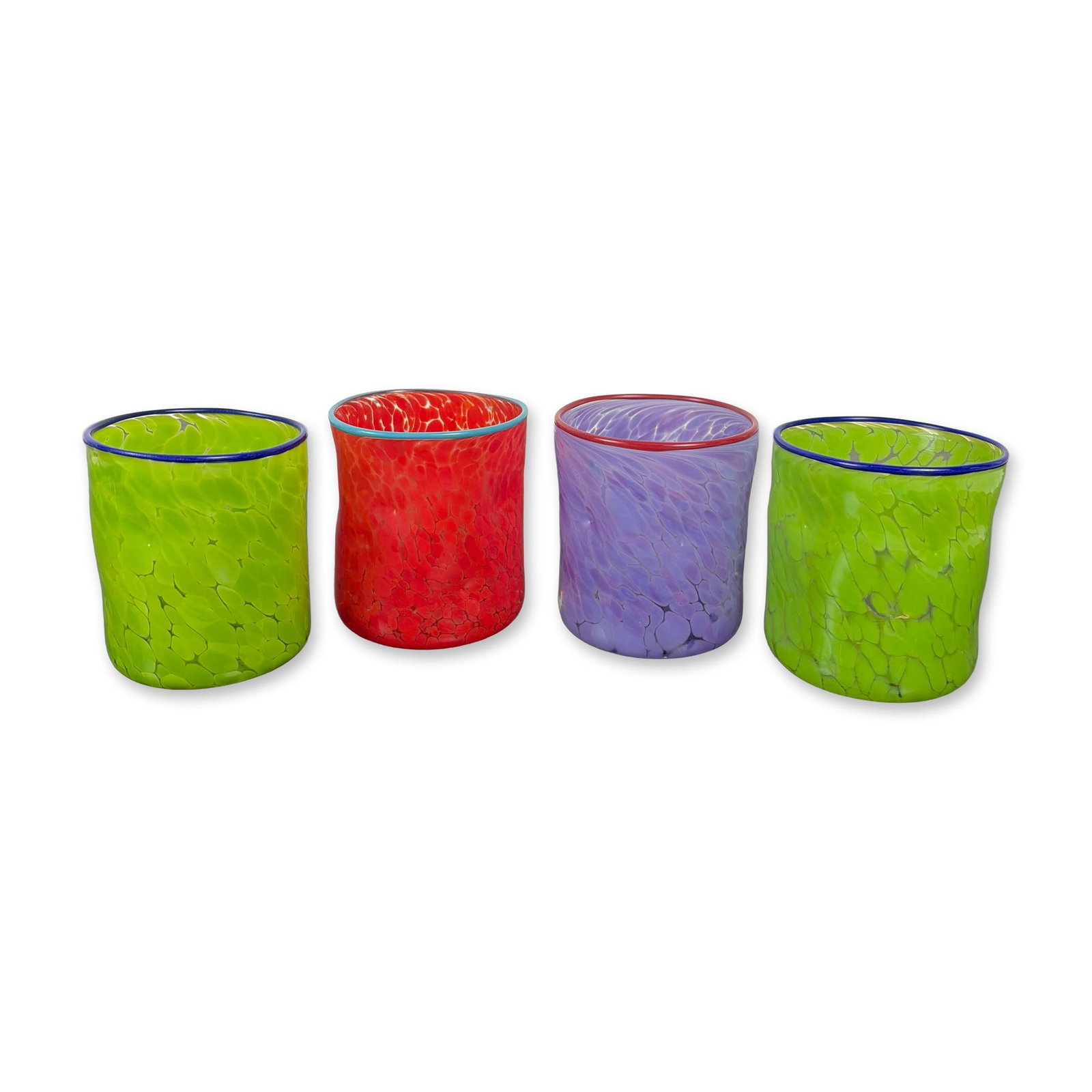 Set of Four Pean Doubulyu Glass Tumblers: Pean Doubulyu, set of four hand-blown glass tumblers in the Wonkie Jimmie style. Each vessel features an organic, irregular form with subtle side indentations and a mottled macchia-style color applica