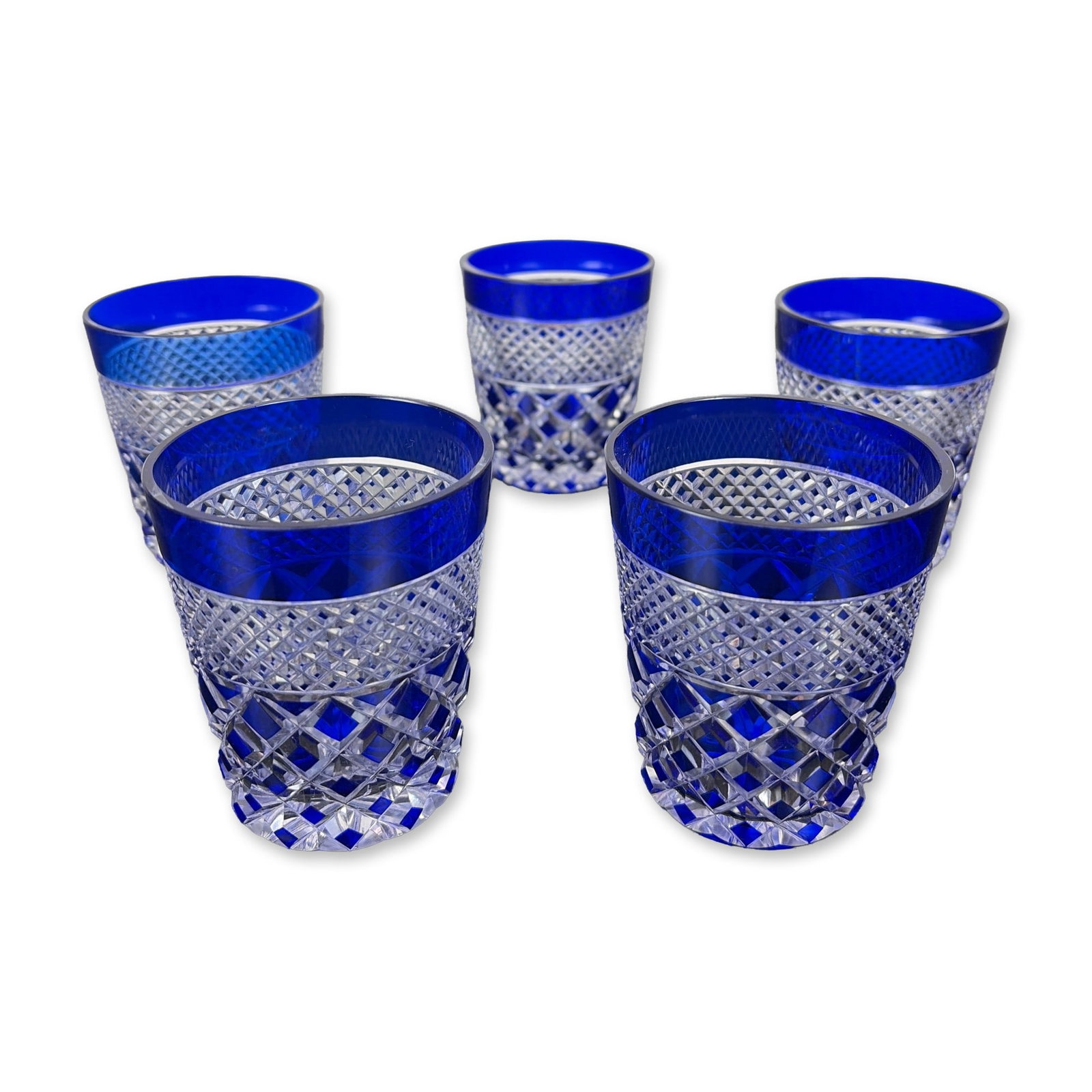 Set of Five Cobalt Cased Cut to Clear Crystal Rocks Glasses (1 of 2)