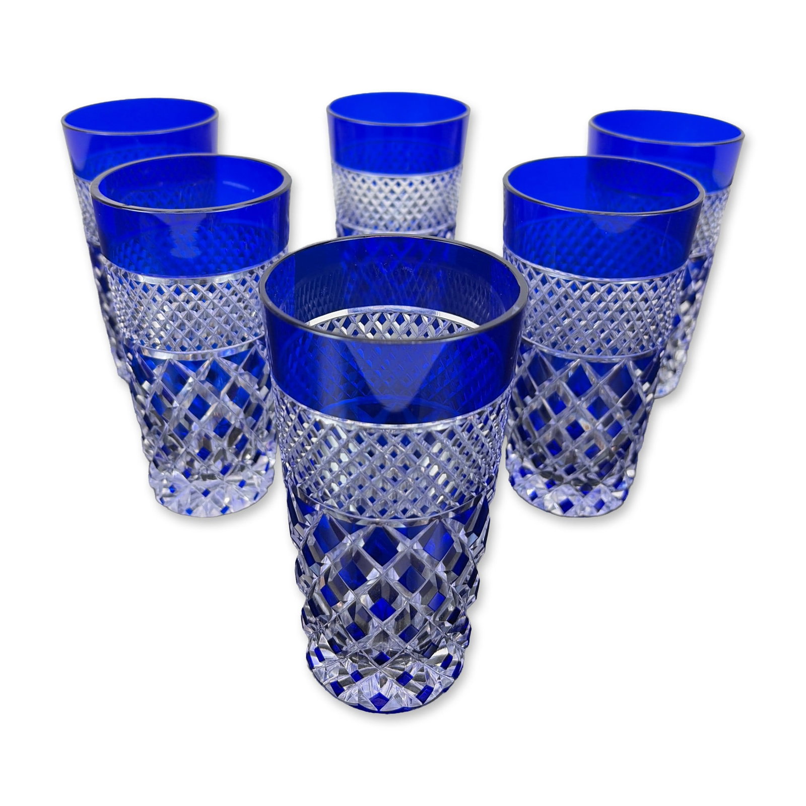 Set of Six Cobalt Cased Cut to Clear Crystal Highball Tumblers (1 of 2)