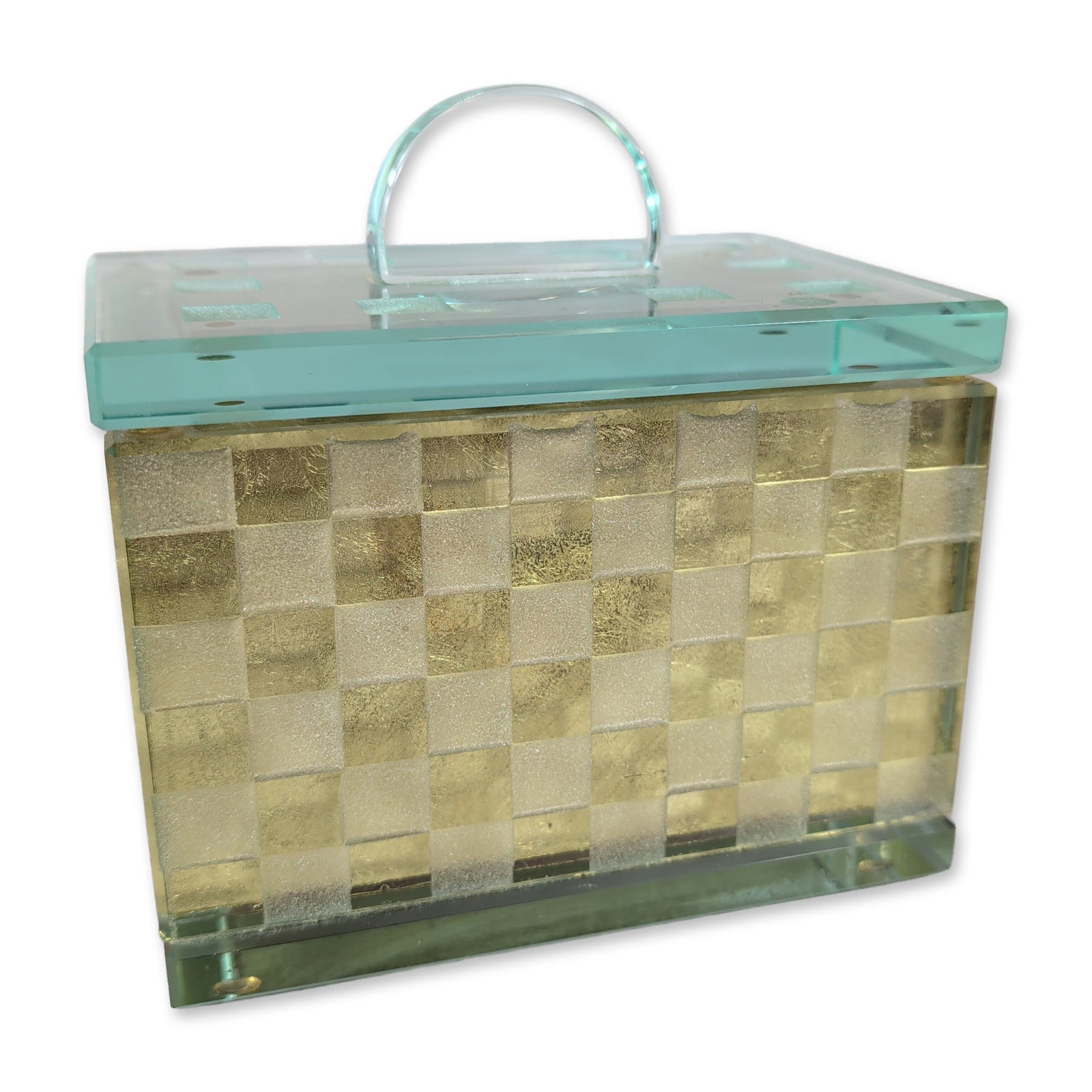 Salvatore Polizzi Gold Leaf Glass Box: Salvatore Polizzi (American/Los Angeles, contemporary). Lidded decorative box constructed from thick kiln-fused glass with aqua-tinted edges, featuring an etched and gold leaf checkerboard pattern. Th