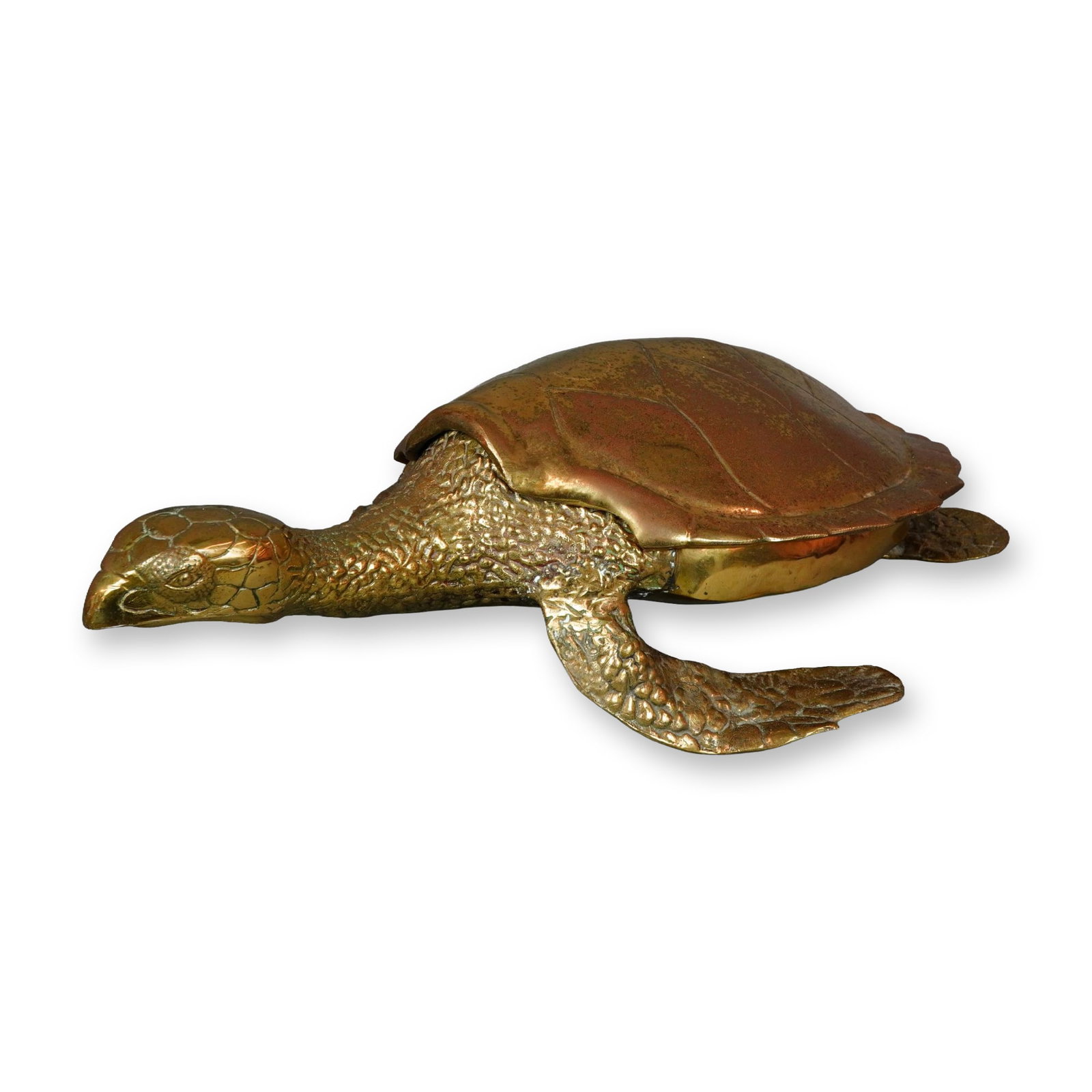 Large Brass Sea Turtle Lidded Box: Large decorative cast brass sculpture of a sea turtle designed as a lidded vessel. The shell opens to reveal a compartment within the body. The piece features detailed texture on the head and flippers