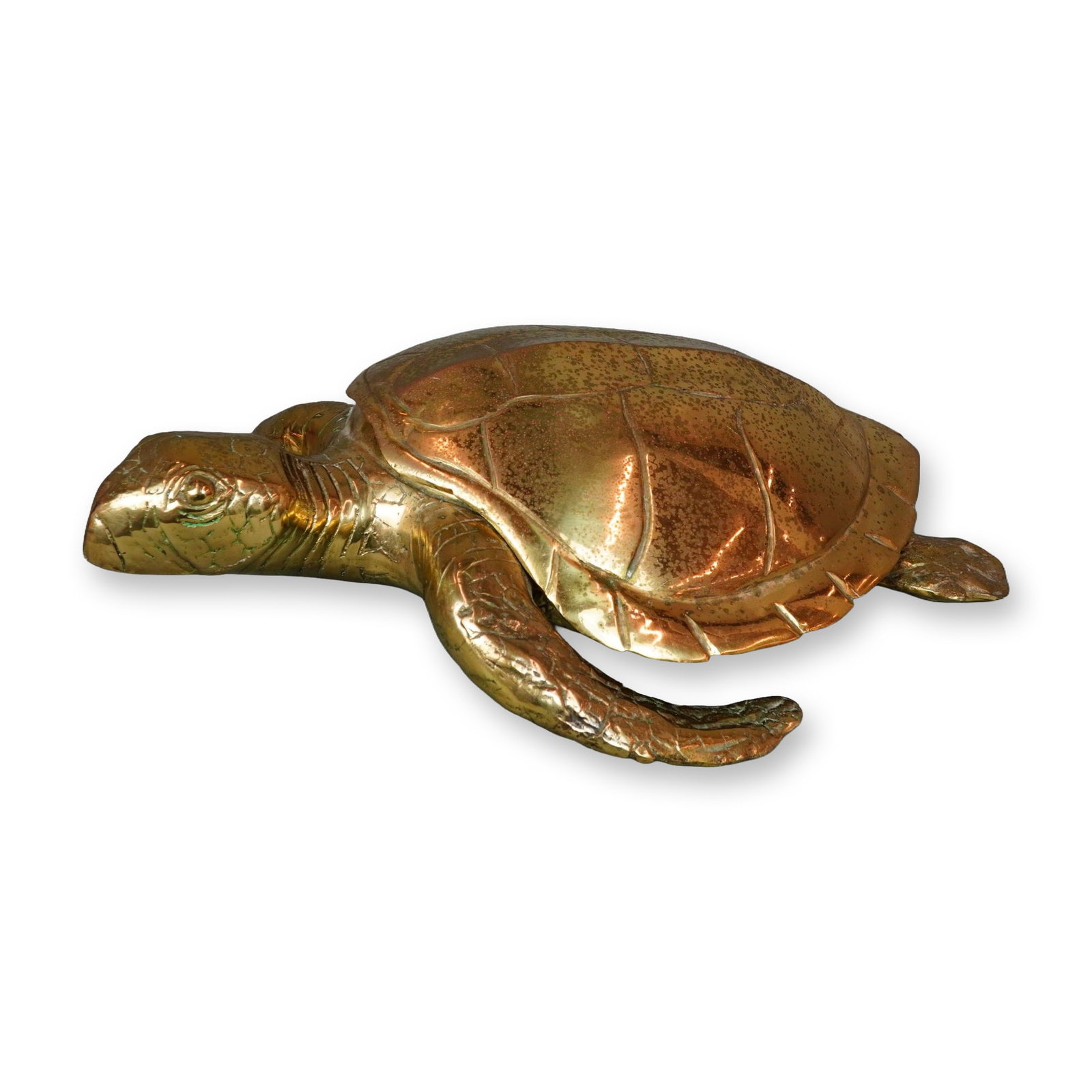 Large Hollywood Regency Brass Sea Turtle Lidded Box: Large cast brass decorative lidded box modeled as a sea turtle, featuring a polished gold-toned finish and a removable carapace shell lid that opens to reveal a hollow interior compartment. The piece 