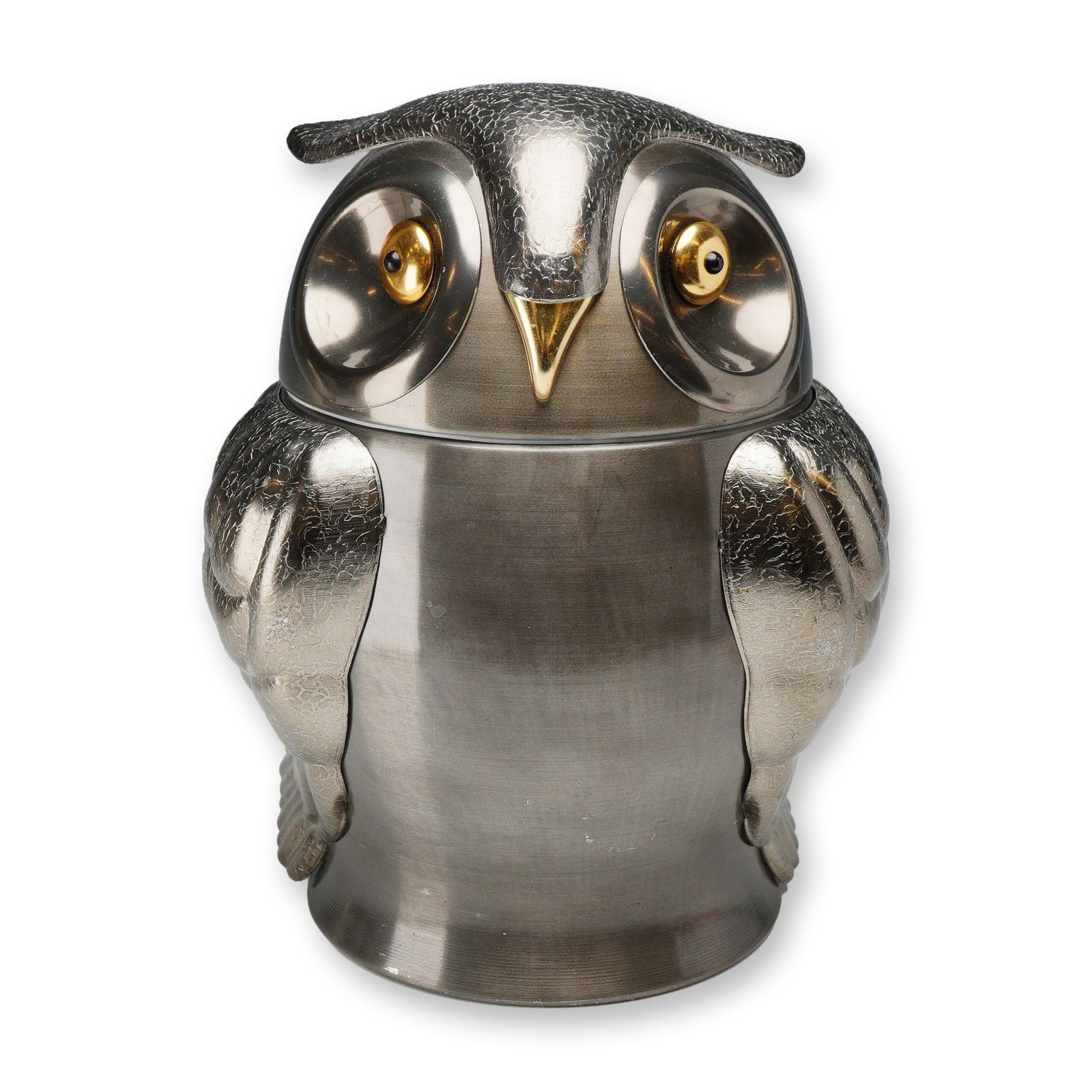 Seymour Mann Pewtertone Owl Ice Bucket: Mid-Century Modern Seymour Mann Pewtertone Olde Tankardware novelty ice bucket designed in the form of a stylized owl. The piece features a brushed metal body with highly textured cast metal wings and
