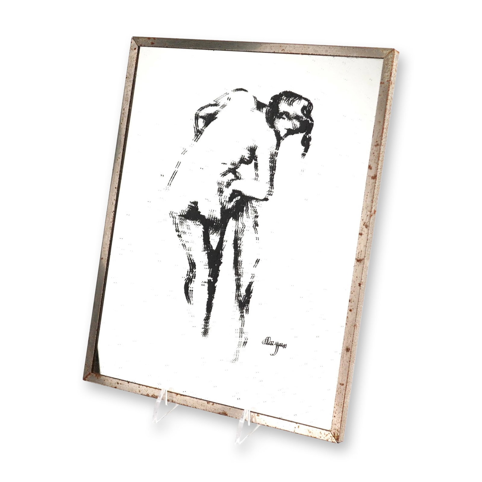 After Edgar Degas Modern Classics Series Printed Mirror: Mid-century screenprinted glass mirror depicting a bending nude female figure, after a drawing by Edgar Degas. The print features a screenprinted signature in the lower right reading Degas. Housed in 