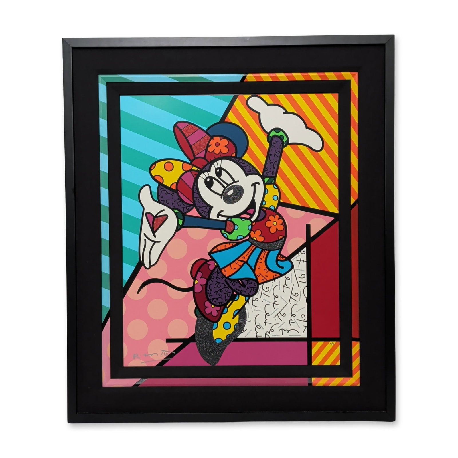 Romero Britto (Brazilian, b. 1963), Serigraph on Gesso, Feeling Good, Signed & Numbered w/ COA: Romero Britto (Brazilian, b. 1963) serigraph on gesso featuring a Neo-Pop interpretation of the Disney character Minnie Mouse. The composition is formed from various geometric fields containing polka 