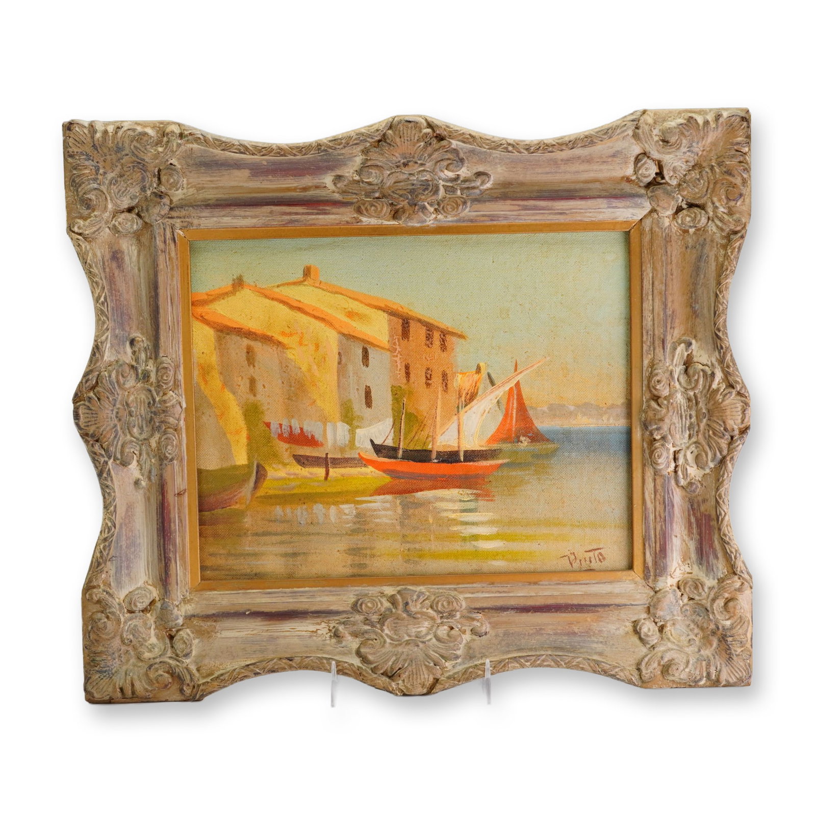 Pinto, Miroir des Oiseaux Canal, Martigues, Oil on Canvas: Impressionist school oil painting on board by Pinto, depicting the Miroir des Oiseaux canal in the fishing village of Martigues, France, often referred to as the Venice of Provence. The scene captures