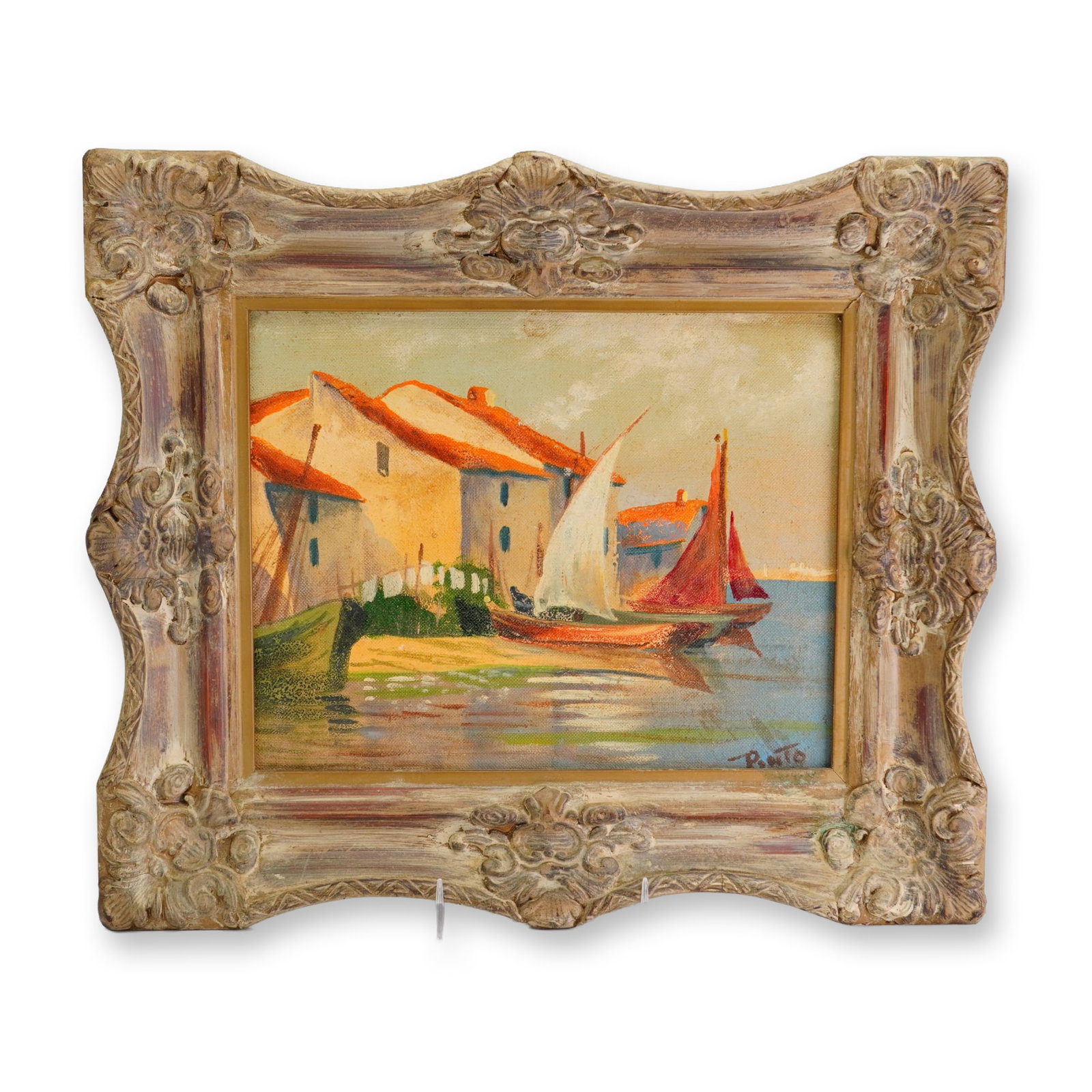 Pinto, Miroir des Oiseaux Canal, Martigues, Oil on Canvas: Impressionist school oil painting on canvas board, signed Pinto. The work depicts the Miroir des Oiseaux canal in the fishing village of Martigues, France, a location often referred to as the Venice o