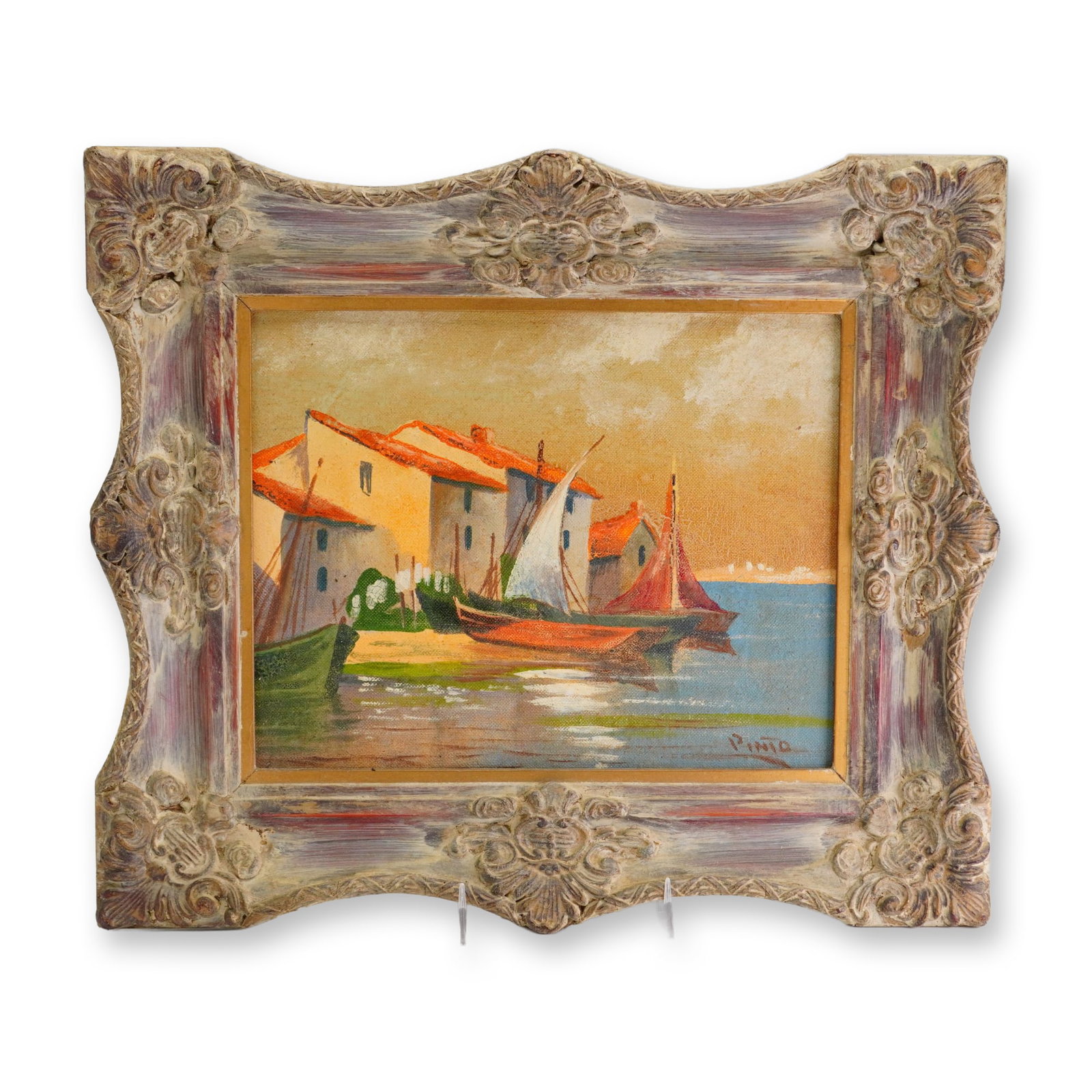 Pinto, Miroir des Oiseaux, Martigues, Oil on Canvas: Impressionist school oil on canvas board depicting the Miroir des Oiseaux canal in the fishing village of Martigues, France. The composition features white-washed Mediterranean buildings with orange-r