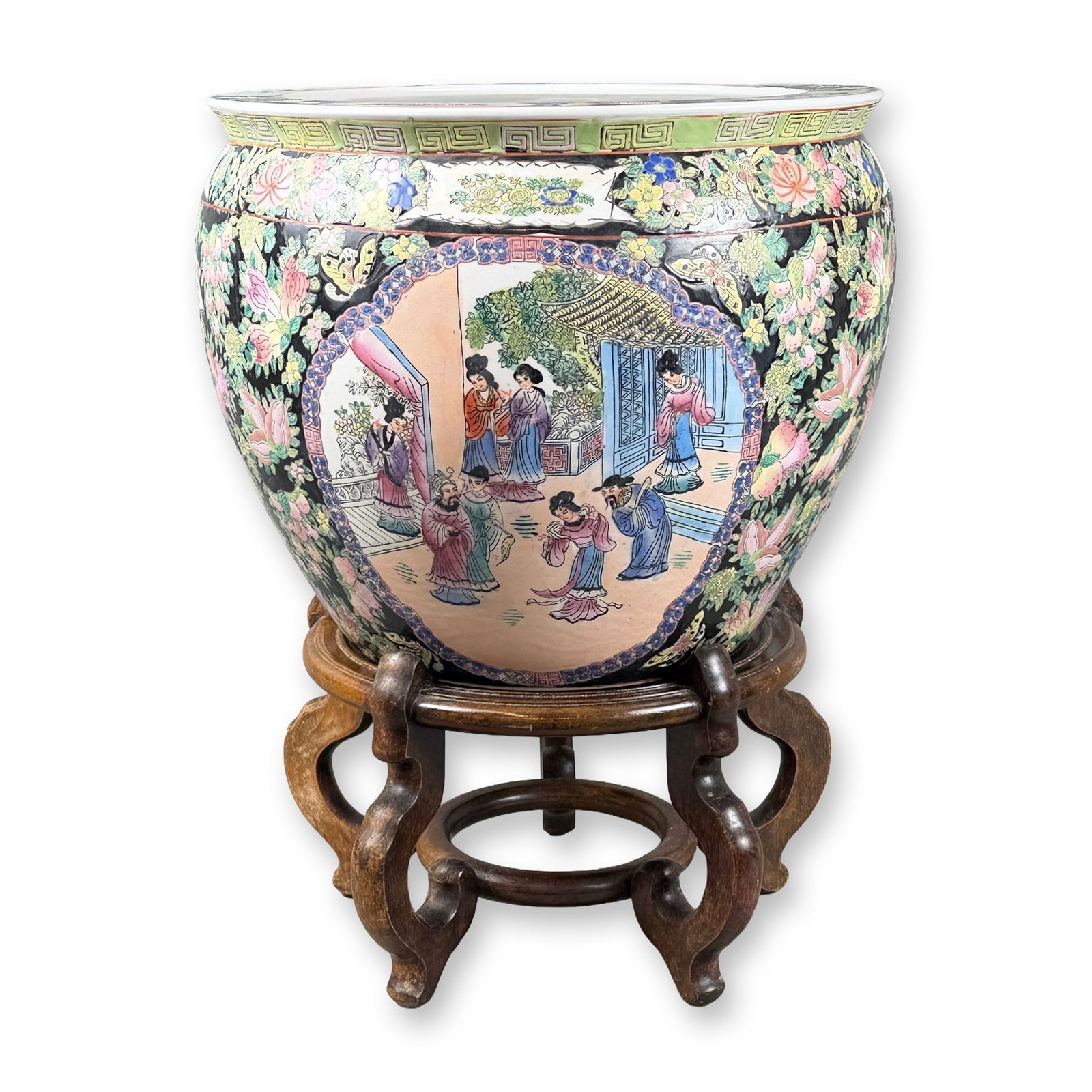 Chinese Famille Noire Mille-Fleur Porcelain Fish Bowl on Stand (1 of 5)