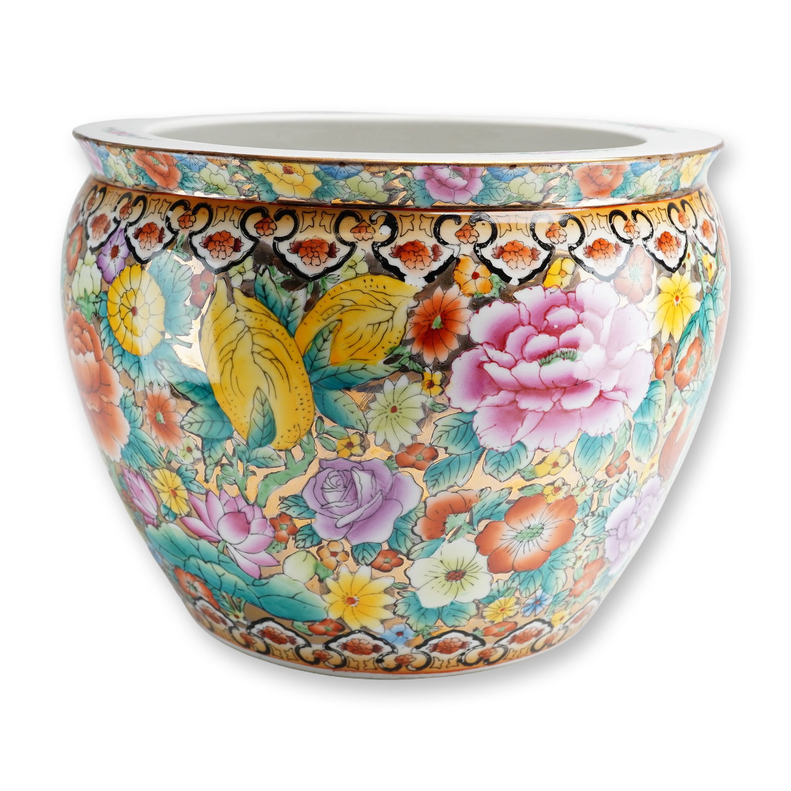Chinese Famille Rose Millefleurs Porcelain Fishbowl: Late 20th-century Chinese export porcelain fishbowl or jardiniere in the Famille Rose style, featuring a Millefleurs or thousand flowers decoration. The exterior is enameled with a dense profusion of 