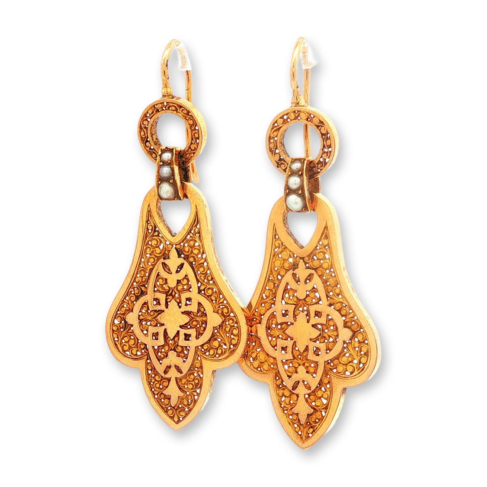 Pair of 18k Yellow Gold and Seed Pearl Drop Earrings: Pair of drop earrings in 18k yellow gold, featuring intricate pierced openwork drops in a Renaissance or Archaeological Revival style with foliate and geometric motifs. Each earring is designed with a