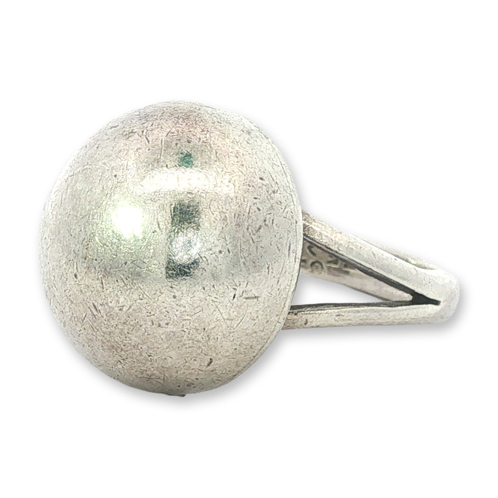 Mexican Modernist Sterling Silver Dome Ring: A vintage Mexican Modernist cocktail ring crafted in sterling silver. The design features a large hollow hemispherical dome top supported by a split-shoulder shank that tapers into a solid band. The i