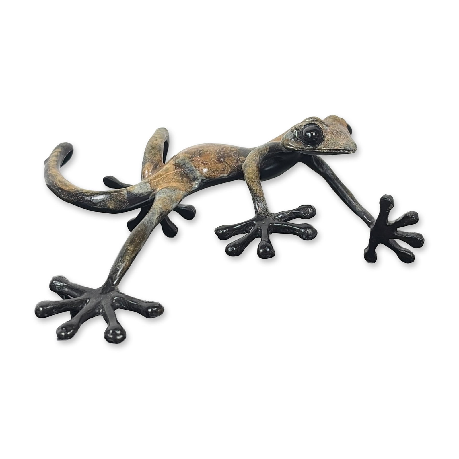 Cesar Naranjo Bronze Gecko Sculpture: A stylized bronze sculpture of a climbing gecko or lizard by Cesar Naranjo. The piece features a variegated nitreous-glaze patina in mottled tones of brown, tan, and black, finished with a high-gloss 