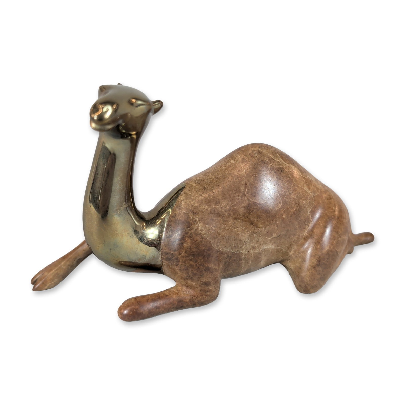 Loet Vanderveen Classic Camel Bronze Sculpture: Loet Vanderveen (Dutch American, 1921-2015). Stylized reclining camel sculpture in bronze, featuring a dual-tone finish with a textured caramel patina to the body and a high-polish golden-bronze neck 