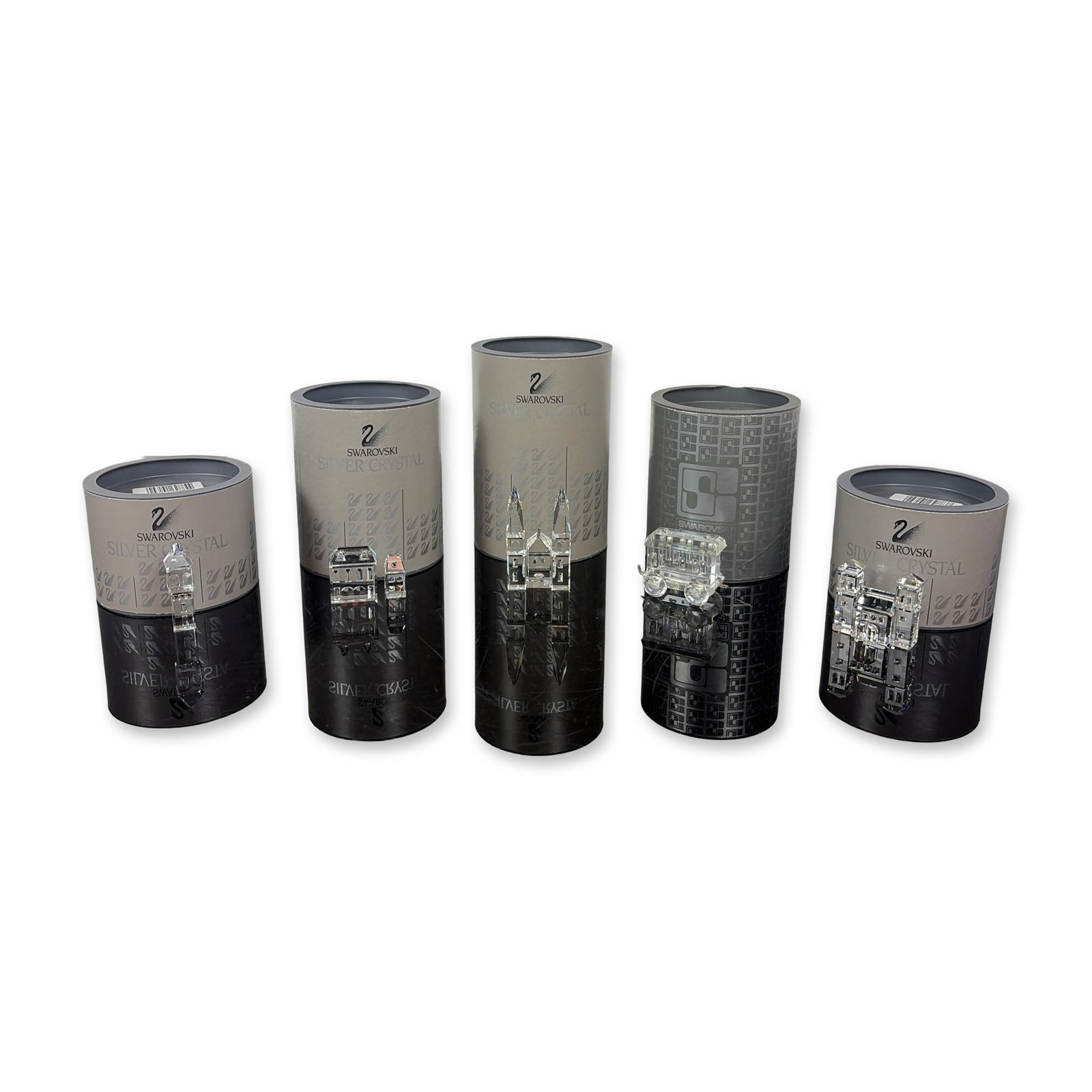 5pc Swarovski Silver Crystal Signed Architectural Landmarks Figurines: Swarovski group of five faceted lead crystal figurines from the Silver Crystal series, featuring architectural landmarks and a train component. The group includes a Cathedral, Tower Bridge, a set of t