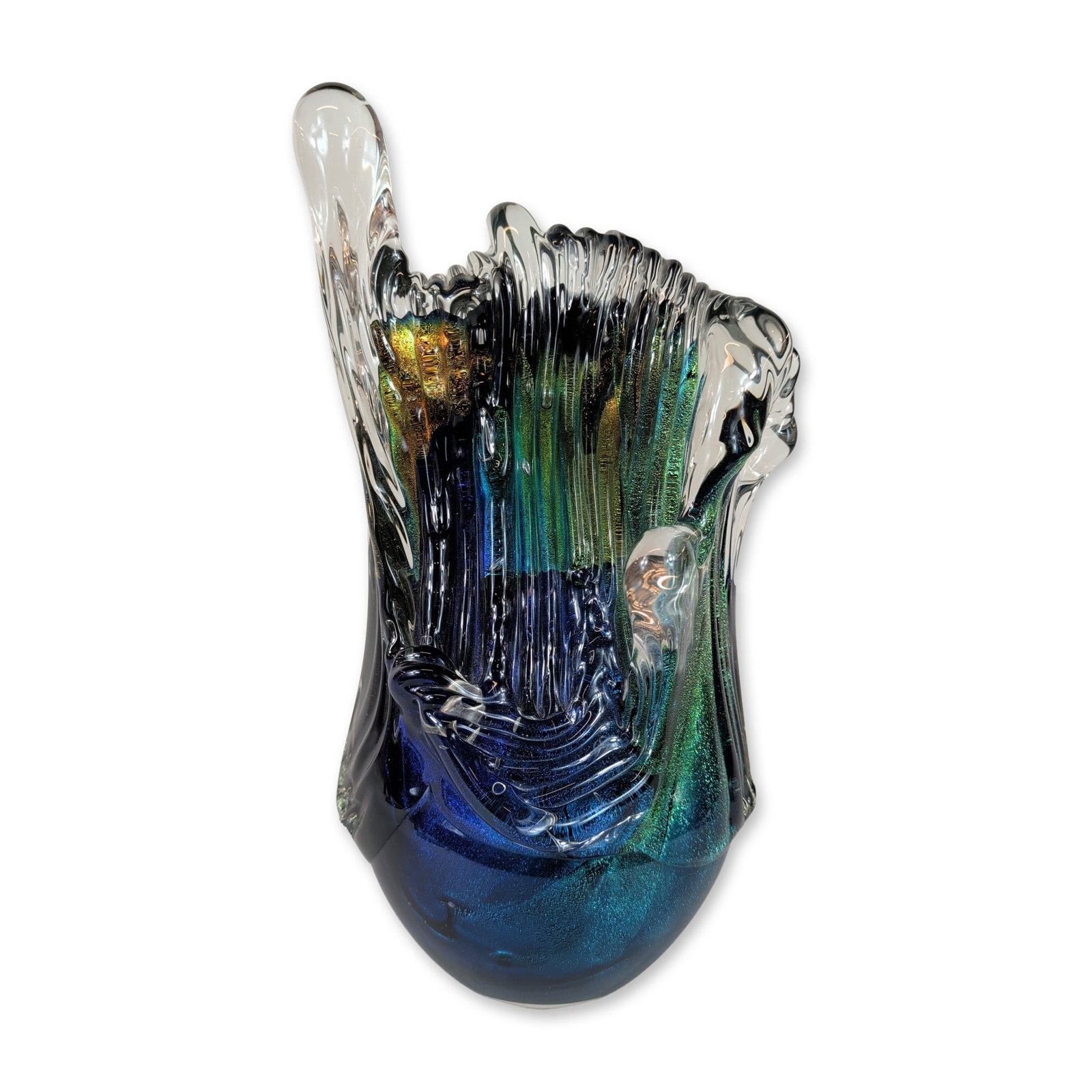 Roger Strong American Studio Art Glass Sculpture: Roger Strong (American, 20th/21st Century). Studio art glass sculpture in hand-blown iridescent glass, featuring a rounded cobalt blue base transitioning into horizontal bands of emerald green, teal, 