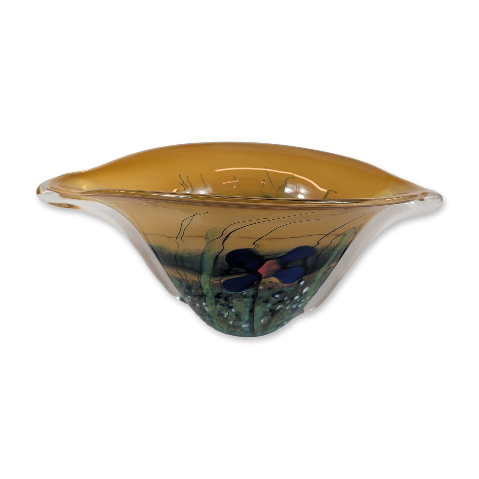 Mihai Topescu Romanian Studio Art Glass Bowl: Mihai Topescu (Romanian, contemporary). Studio art glass bowl in hand-blown glass, featuring a thick clear base transitioning to an undulating, flared amber-ochre rim. The interior is decorated with i