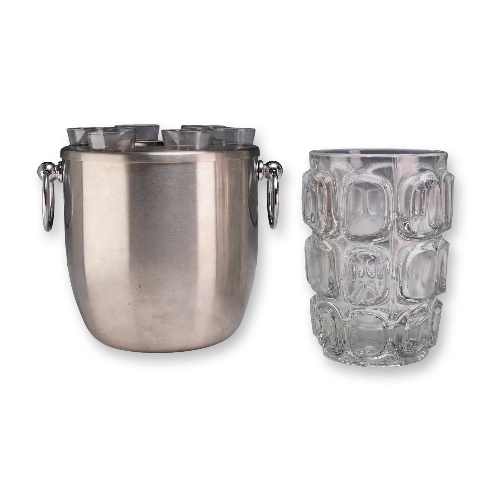 Oggi Stainless Steel Shot Chiller and Textured Glass Vessel: Barware group featuring an Oggi Corporation stainless steel shot chiller set and a molded clear glass vessel. The Oggi set is constructed of 18/8 stainless steel with a brushed exterior finish and pol