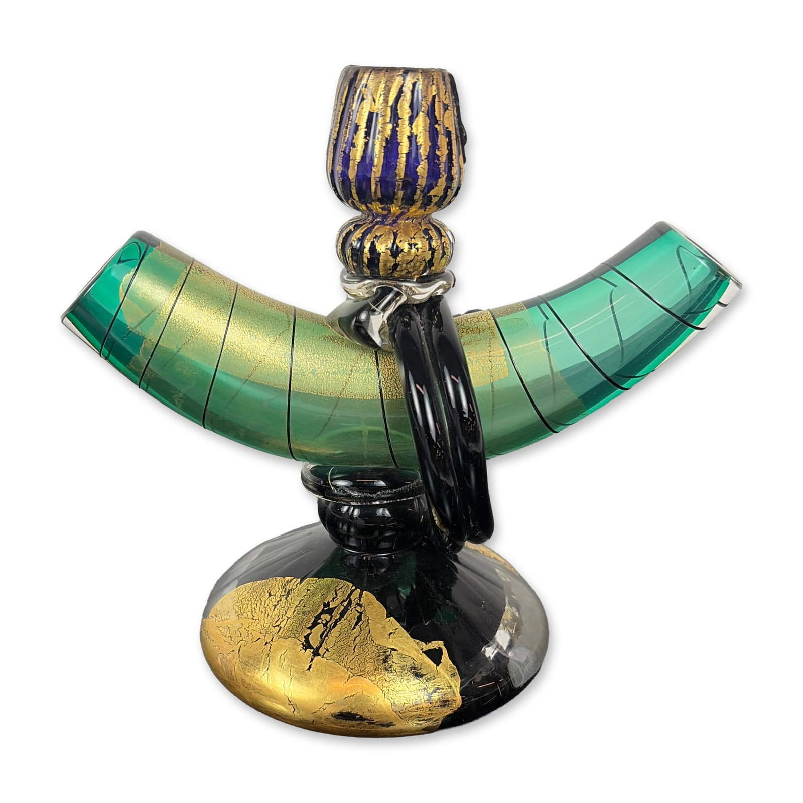David Garcia Glass Candleholder Pilchuck Artist: This contemporary abstract sculptural candlestick features a curved, tubular emerald green glass element decorated with fine black trailing and internal gold leaf inclusions. The central form is joine