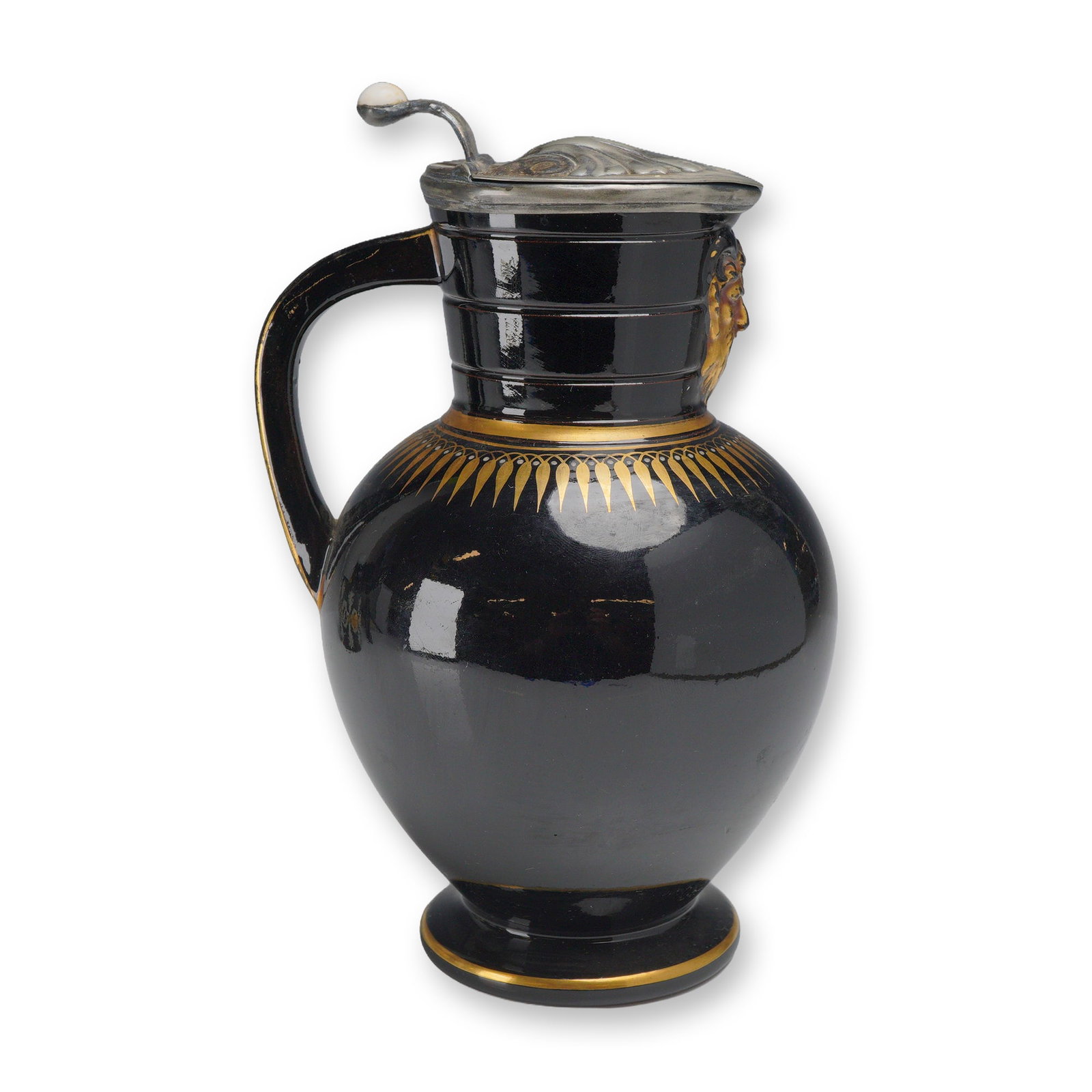 Wedgwood 19th-Century KPM Black-Glazed Earthenware Doric Pitcher: A 19th-century neoclassical pitcher in the Doric pattern, crafted from a reddish-brown earthenware body with a high-gloss black glaze. The vessel features a bulbous body, a waisted neck with horizonta
