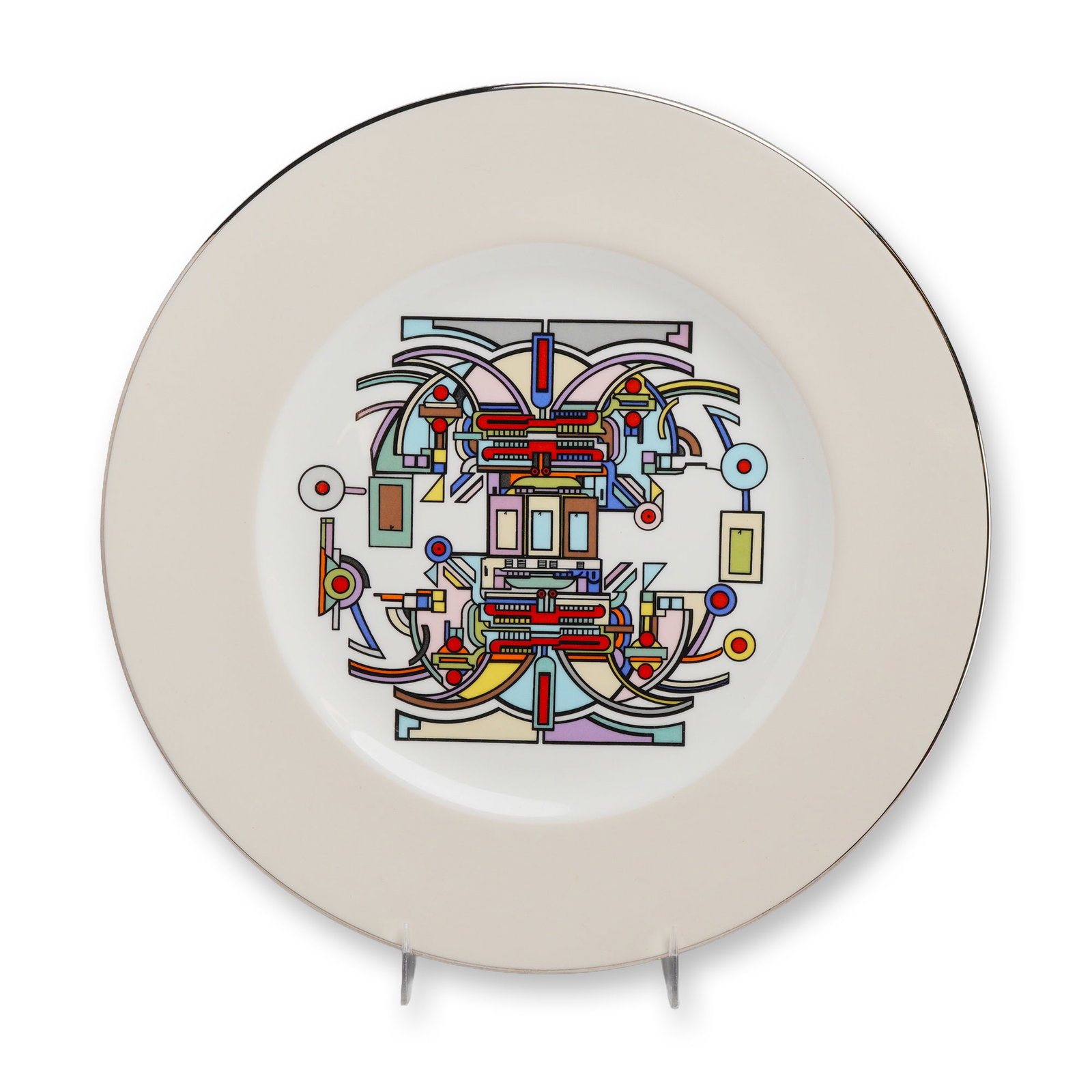 Wedgwood by Eduardo Paolozzi Quetzalotal Limited Edition Bone China Plate, circa 1970: This bone china display plate was manufactured by Wedgwood in England, featuring a design titled Quetzalotal by the Scottish artist Eduardo Paolozzi. The piece is part of a limited edition of 750, pro
