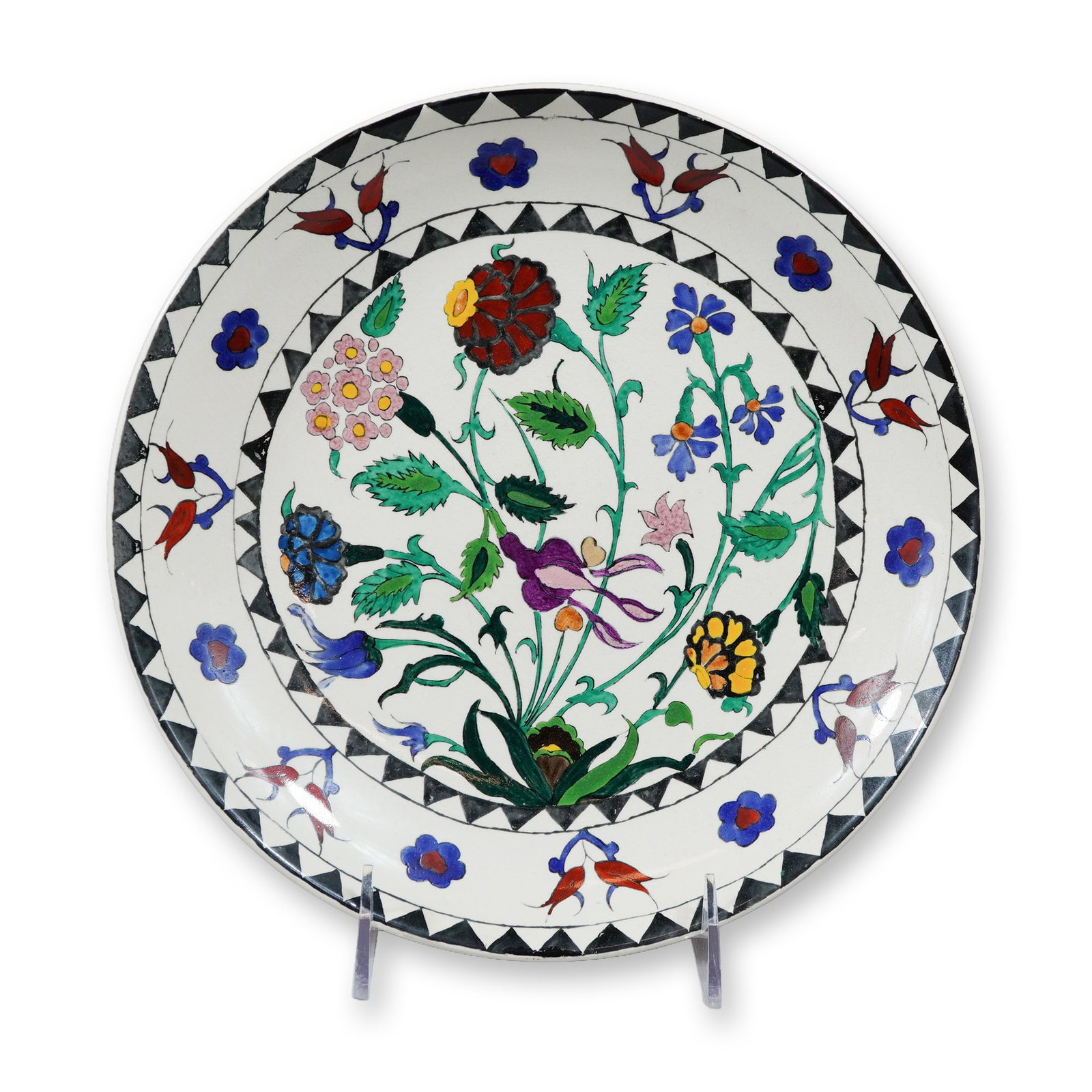 Wedgwood Hand-Painted Iznik Style Floral Earthenware Plate: This is a circular glazed earthenware plate manufactured by Wedgwood. The piece features hand-painted Wedgwood floral decoration in an Iznik style, centered with a bouquet of traditional motifs includ