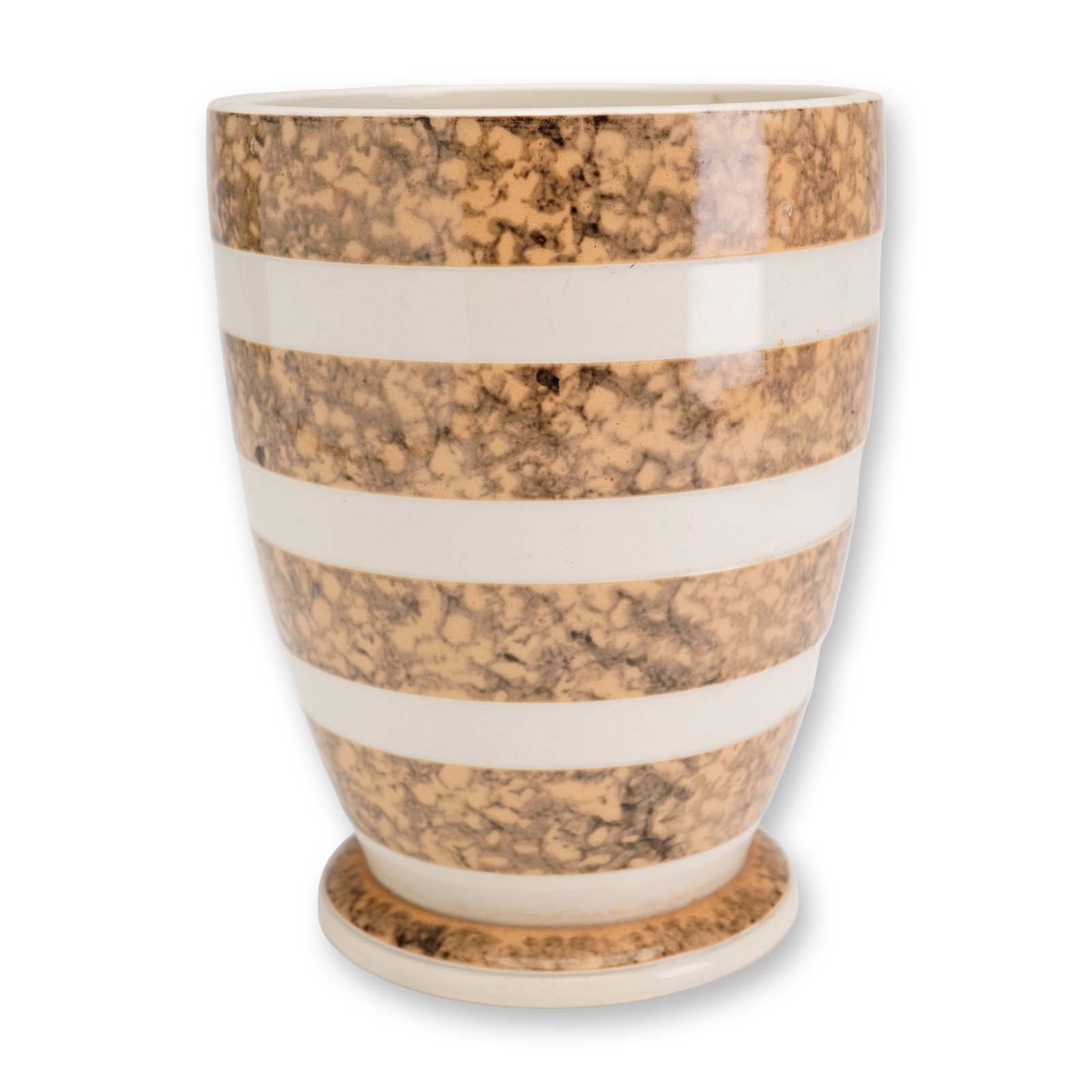 Wedgwood Pearlware Dipped Ware Variegated Vase: A Wedgwood pearlware vase featuring a tapered cylindrical body on a low pedestal base. The exterior is decorated with alternating horizontal bands of a creamy white glaze and a brown marbled pattern. 