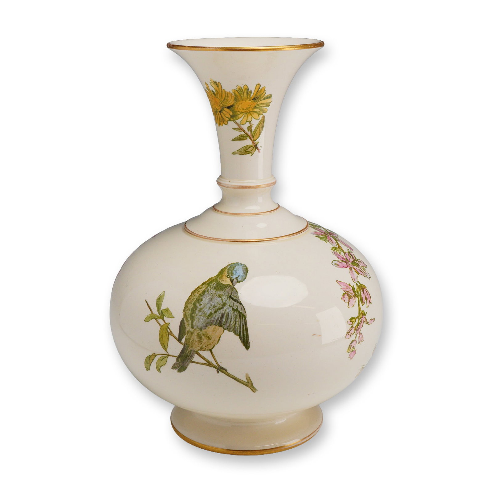 Wedgwood Aesthetic Movement Ivoryware Ceramic Vase: A bottle-form ceramic vase from the Rubin Collection, produced by Wedgwood in the Aesthetic Movement style. The vessel is made of ivory-toned glazed ceramic and features a bulbous body, a tapering nec
