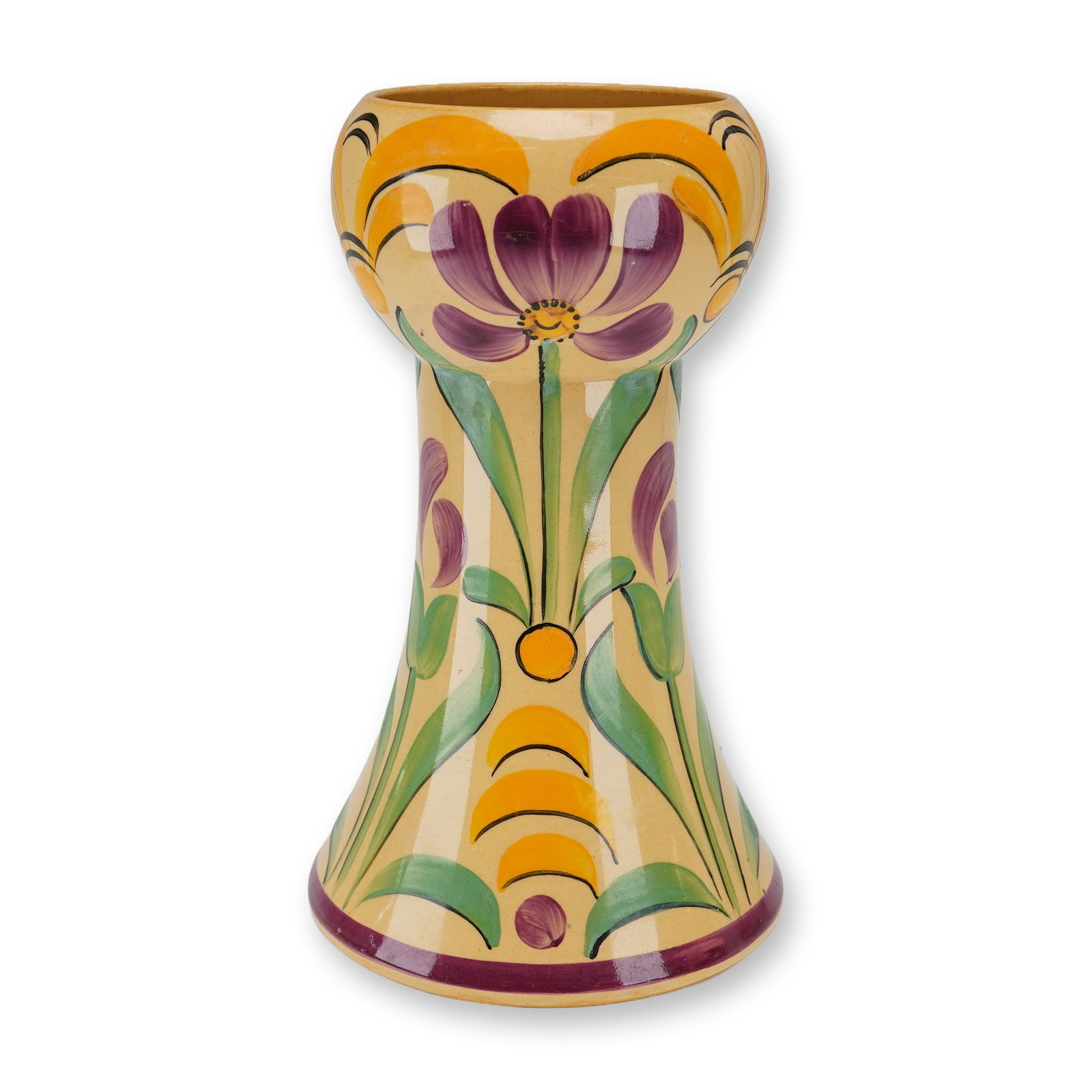 Wedgwood by Millicent Taplin Sun-Lit Ceramic Vase, circa 1935: A Wedgwood earthenware vase in the Sun-lit pattern designed by Millicent Taplin, circa 1935. The vessel is constructed with a flared trumpet-form base that rises to a bulbous neck and a flat rim. The 