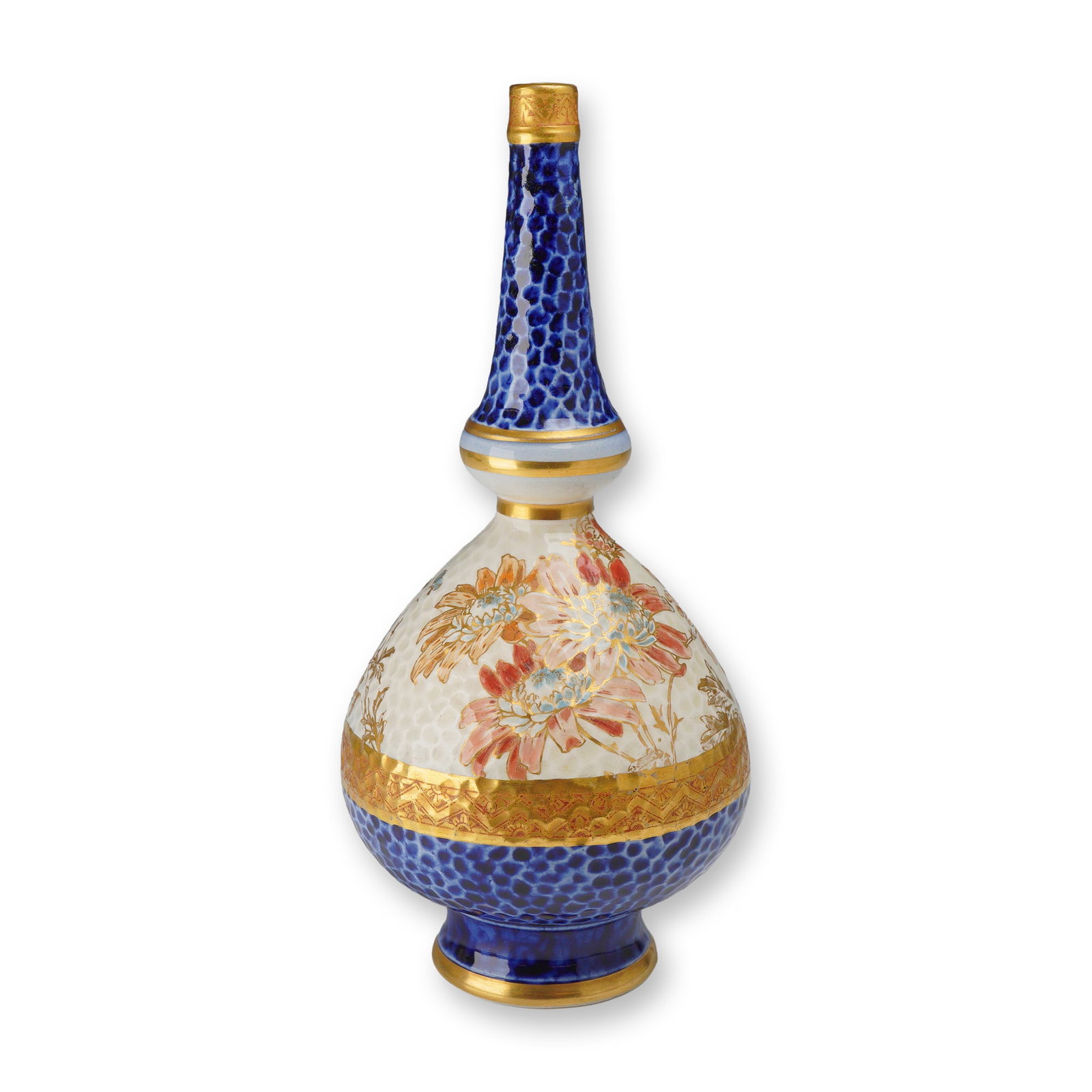 Wedgwood Aesthetic Movement Porcelain Bottle Vase: The vessel features a tall, tapering neck with a central knop and a bulbous body supported by a flared pedestal foot. The decoration is organized into horizontal registers. The upper neck and lower