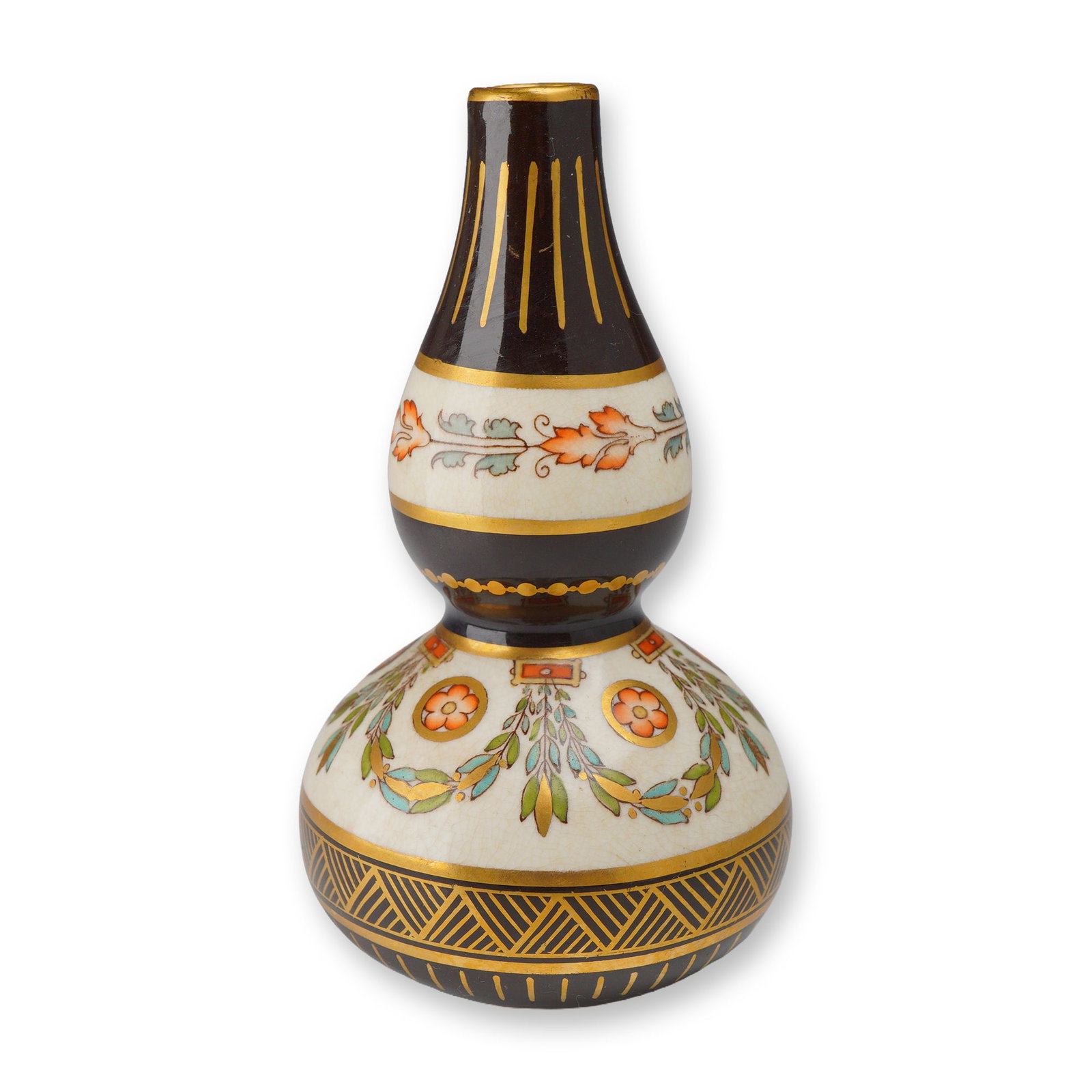 Wedgwood Aesthetic Movement Queensware Double Gourd Vase: This small double-gourd vase is part of the Rubin Collection and is identified as Wedgwood Queensware from the Aesthetic Movement period, circa 1880. The vessel is crafted from fine cream-colored
