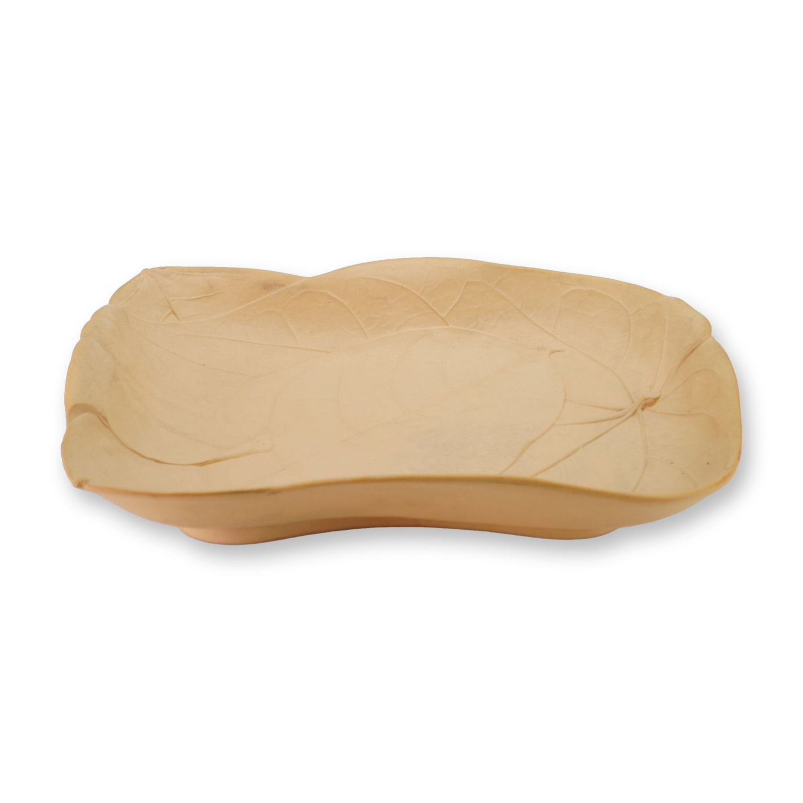 Wedgwood Caneware Leaf Relief Tray from the Ellis Rubin Collection: Wedgwood caneware tray is a shallow rectangular dish featuring a wavy rim and organic form. The interior is decorated with a molded relief pattern of overlapping leaves exhibiting detailed botanical