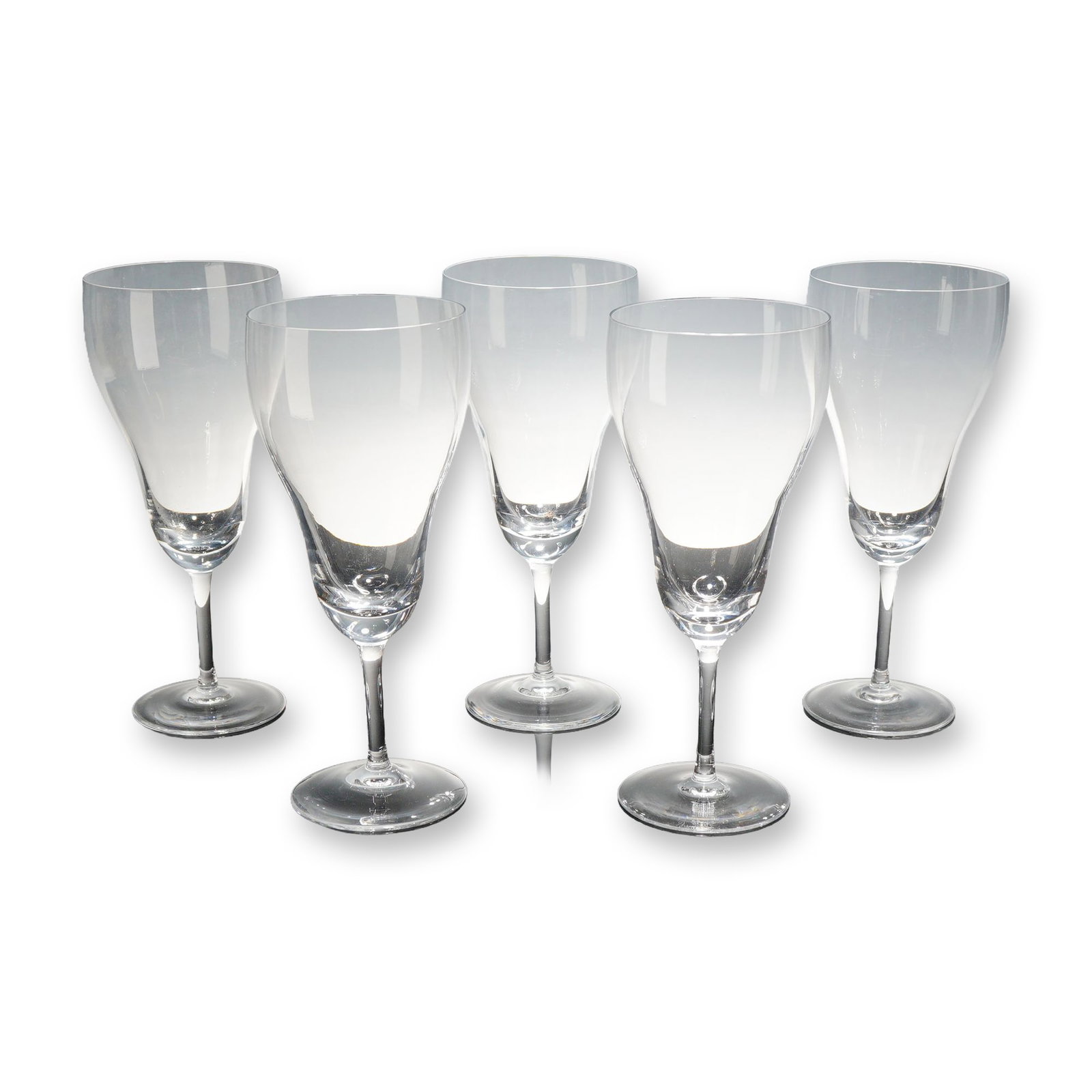 5pc Rosenthal Romance II Crystal Water Goblets: German, late 20th century. Set of five Rosenthal crystal water goblets in the Romance II pattern. Each vessel features an uncut tulip-form bowl with a flared rim, a solid base, a slender stem, and a f