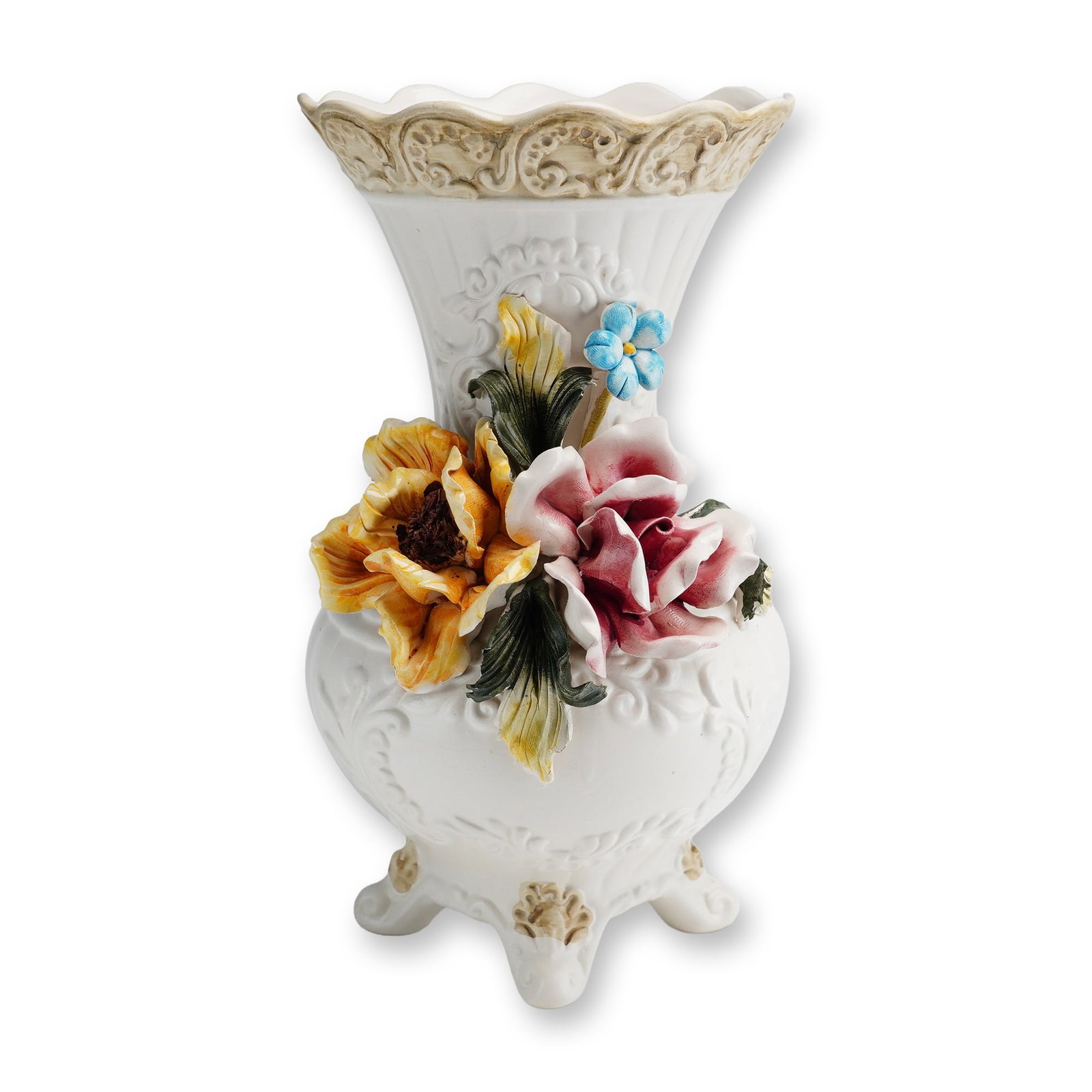 Italian Capodimonte Porcelain Applied Floral Footed Vase (1 of 3)