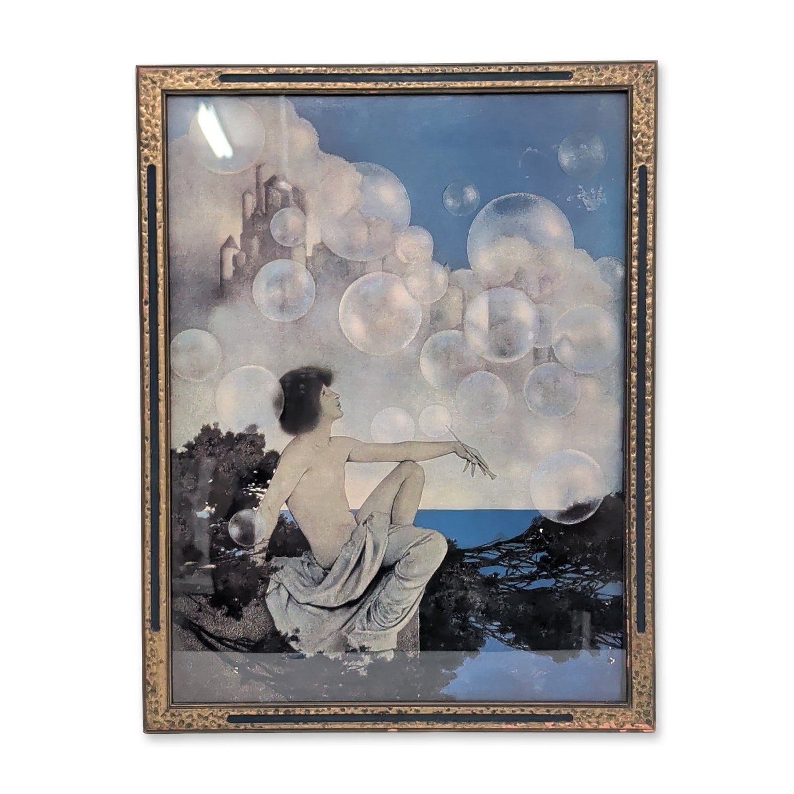 Maxfield Parrish (American, 1870-1966), Offset Lithograph on Paper, Air Castles: Maxfield Parrish (American, 1870-1966). Color offset lithograph on paper titled 'Air Castles' (also known as 'Bubbles'), depicting a partially draped reclining figure watching a cluster of bubbles aga