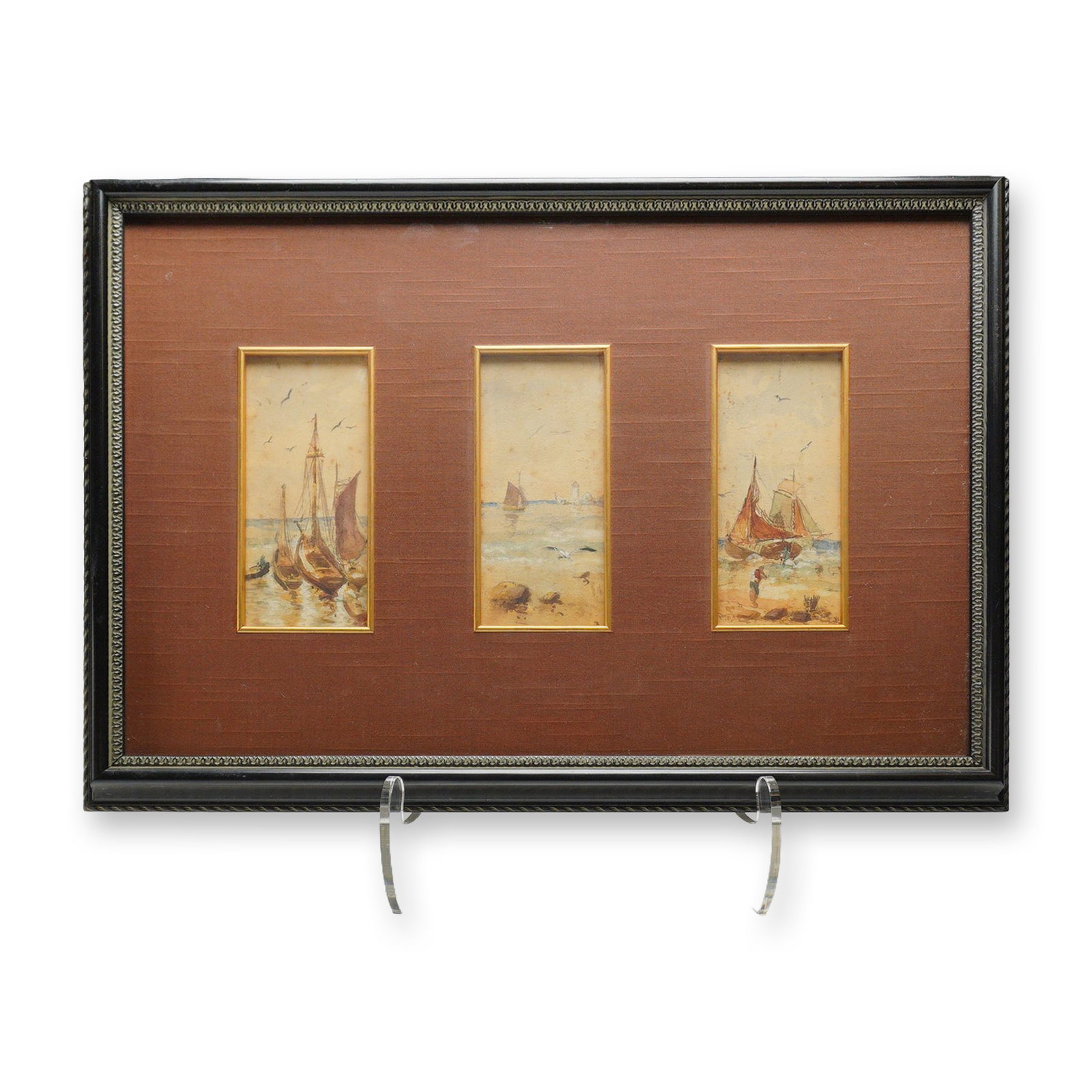 Framed S.B. Triptych Watercolor on Paper, Maritime Coastal Scenes (1 of 5)