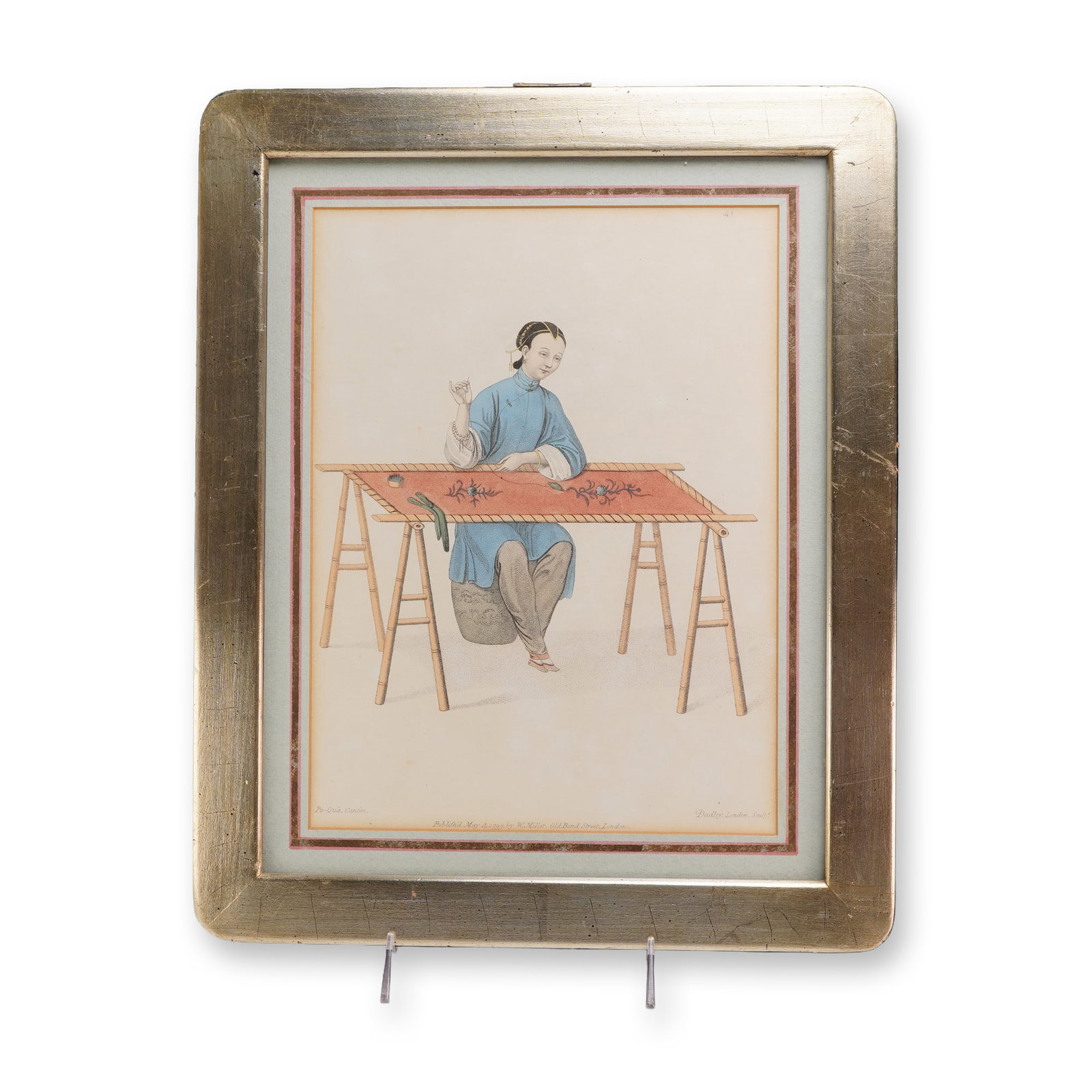 John Dadley After Pu-Qua Engraving, A Woman Embroidering Plate XLL: John Dadley (English, 1767-1817) after Pu-Qua (Chinese, 18th century). Hand-colored stipple engraving on paper titled A Woman Embroidering, also known as An Embroiderer. This print is Plate XLI from G