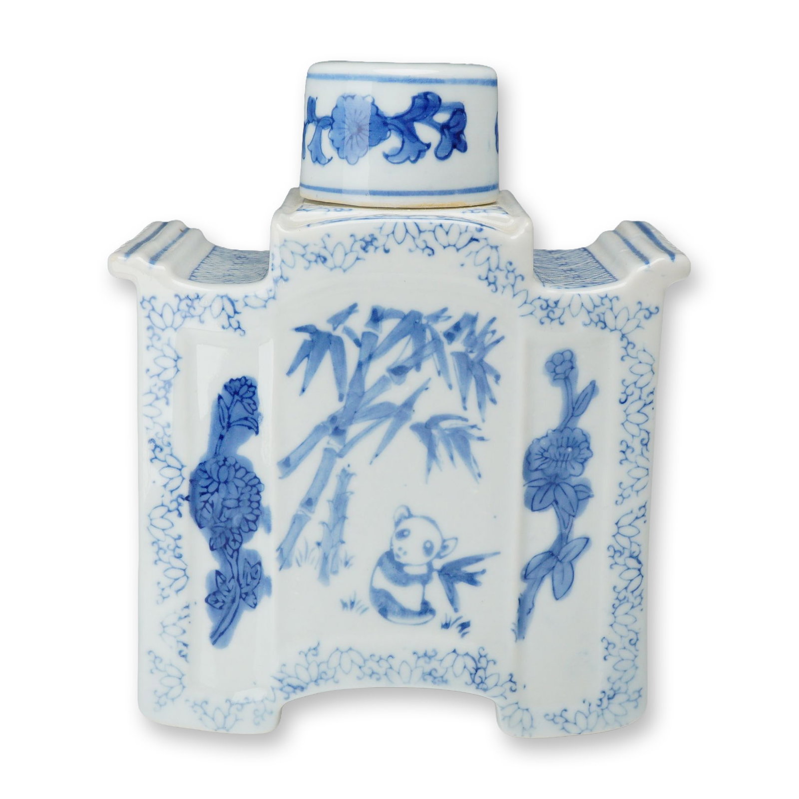 Chinese Blue and White Porcelain Panda Tea Caddy: 20th-century Chinese blue and white porcelain tea caddy of architectural form, featuring a stepped, tripartite body. Hand-painted in underglaze blue with a central panda and bamboo motif. Additional d