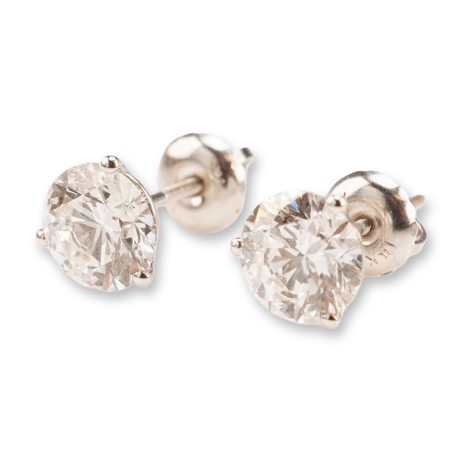 14K White Gold 2.08ctw Diamond Stud Earrings: A pair of white gold screw-back stud earrings set with round brilliant-cut lab-grown diamonds, each secured in a martini-prong setting. The diamonds are D color, VS1 clarity, with a total combined wei