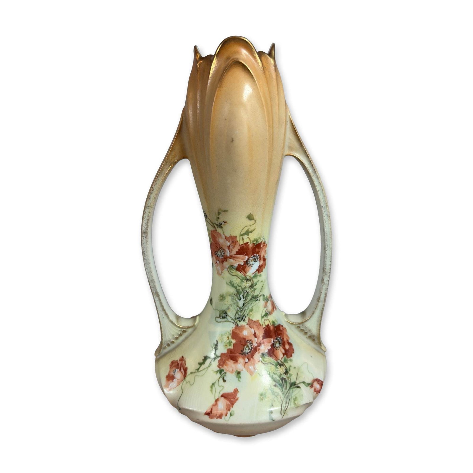 Art Nouveau Blush Cream-colored Porcelain Poppy Vase: Art Nouveau style porcelain double-handled vase, featuring hand-painted poppy floral motifs against a blush cream and apricot ground. The form includes an elongated lobed neck with a petal-form rim an